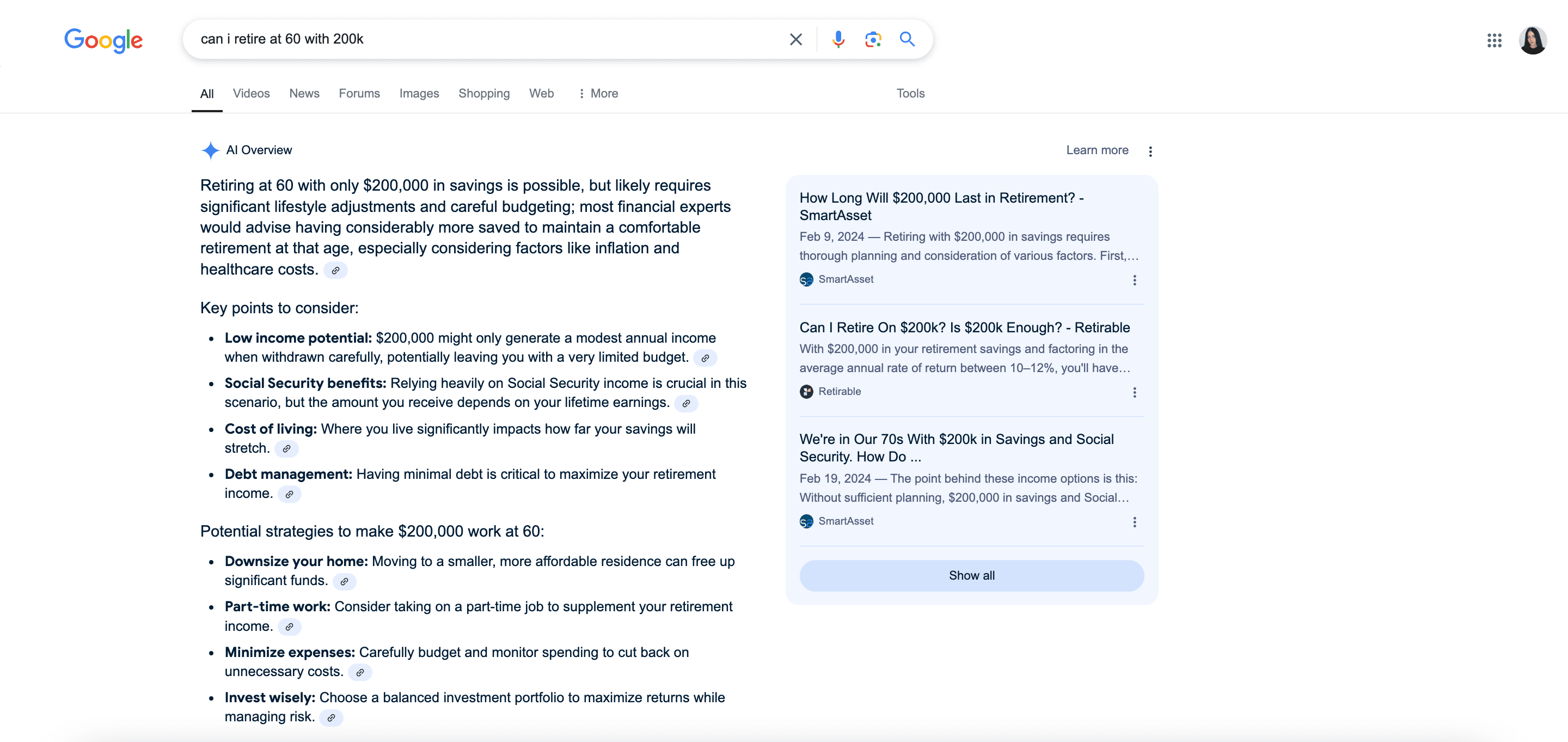 Google AIO for retiring at 60 with 200k