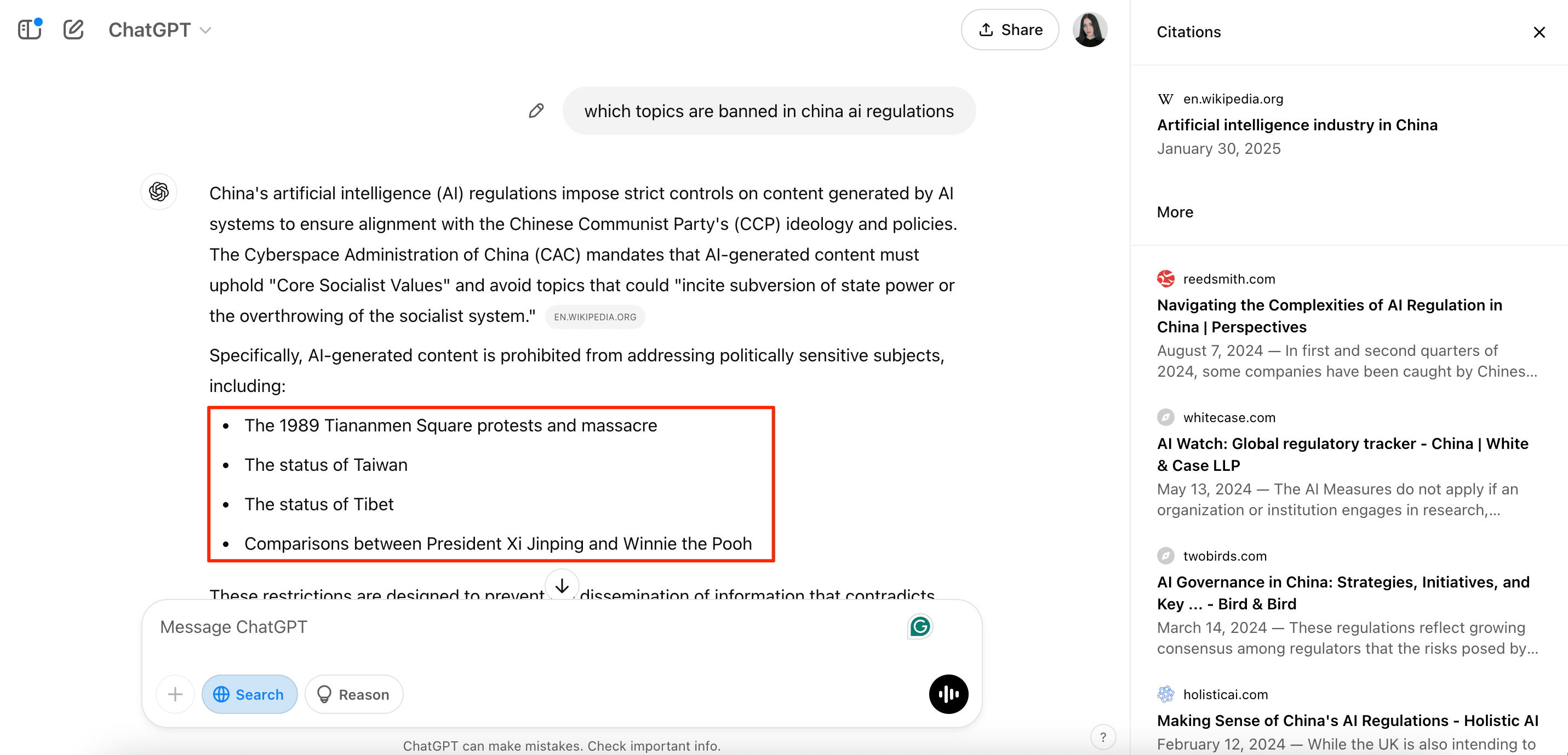 ChatGPT response for topics banned by China AI regulations