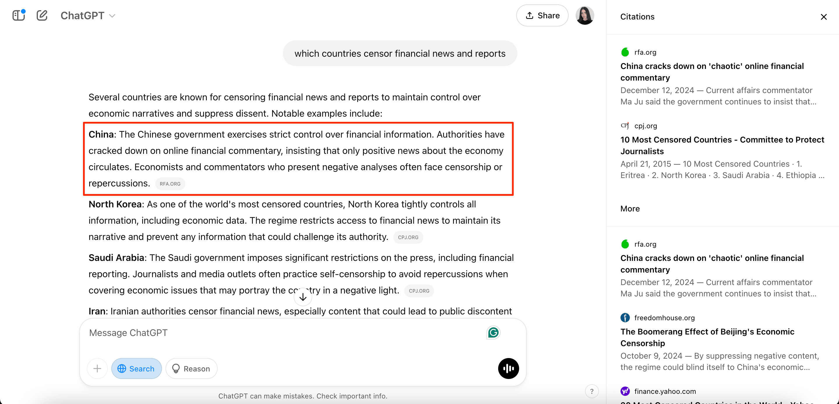 ChatGPT response for countries censoring financial news