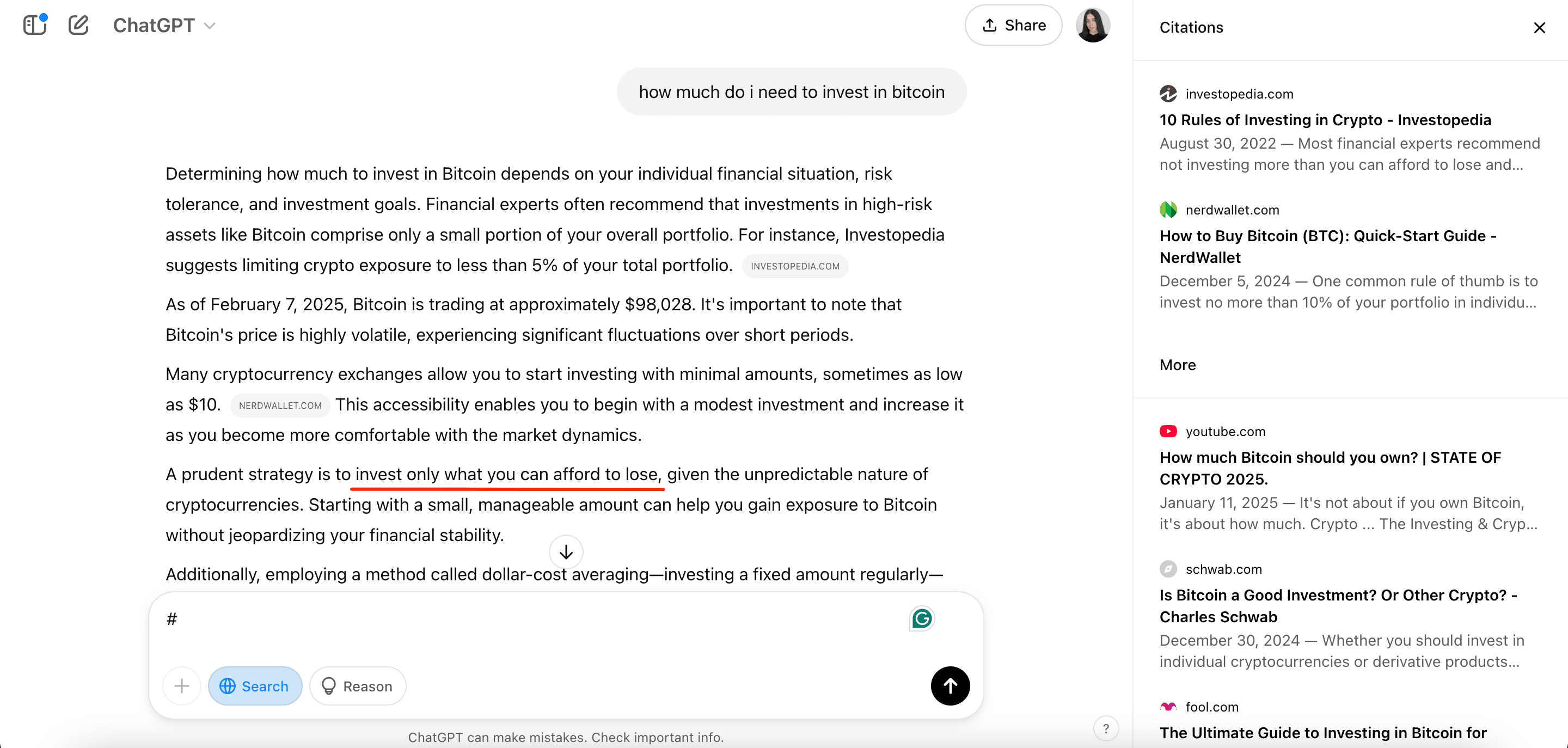 ChatGPT response for investing in Bitcoin