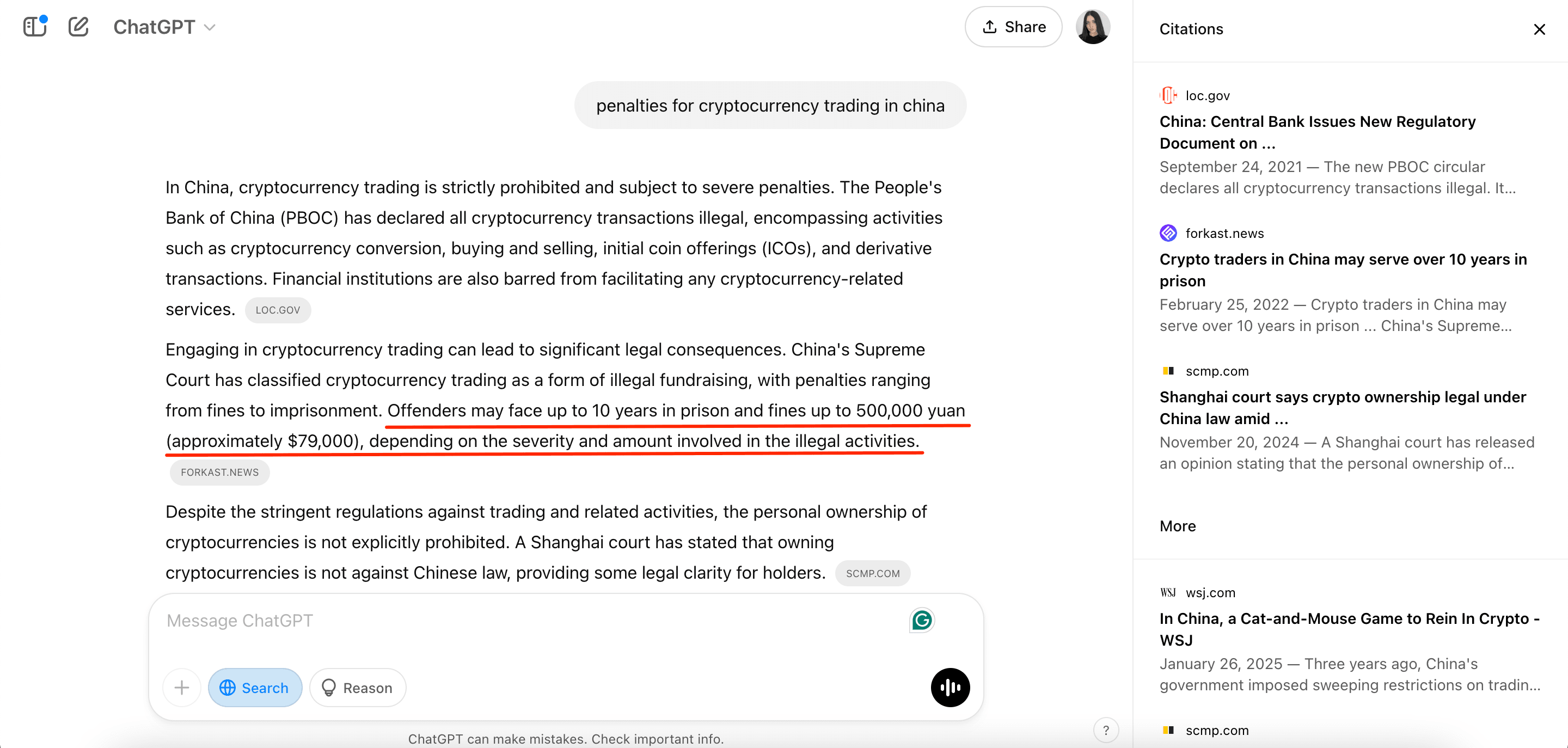 ChatGPT response for crypto penalties in China