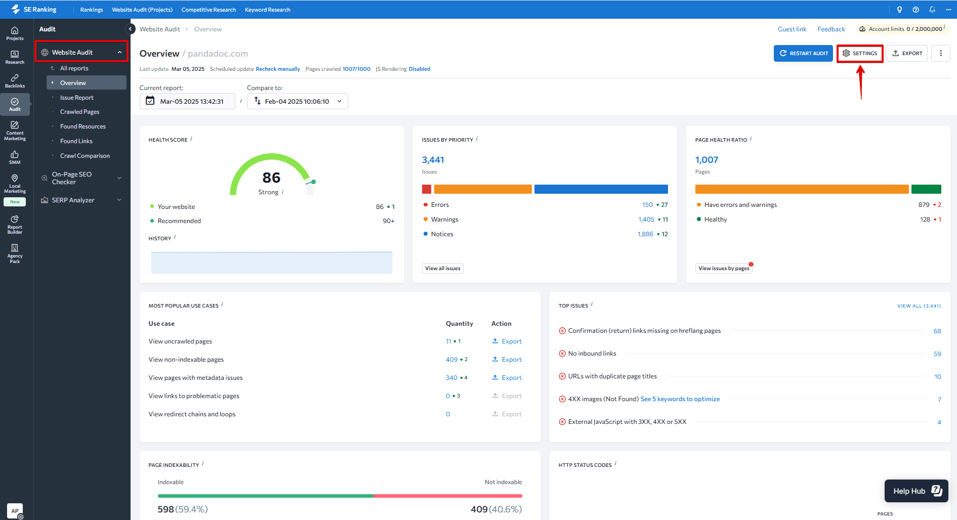 SE Ranking’s Website Audit settings