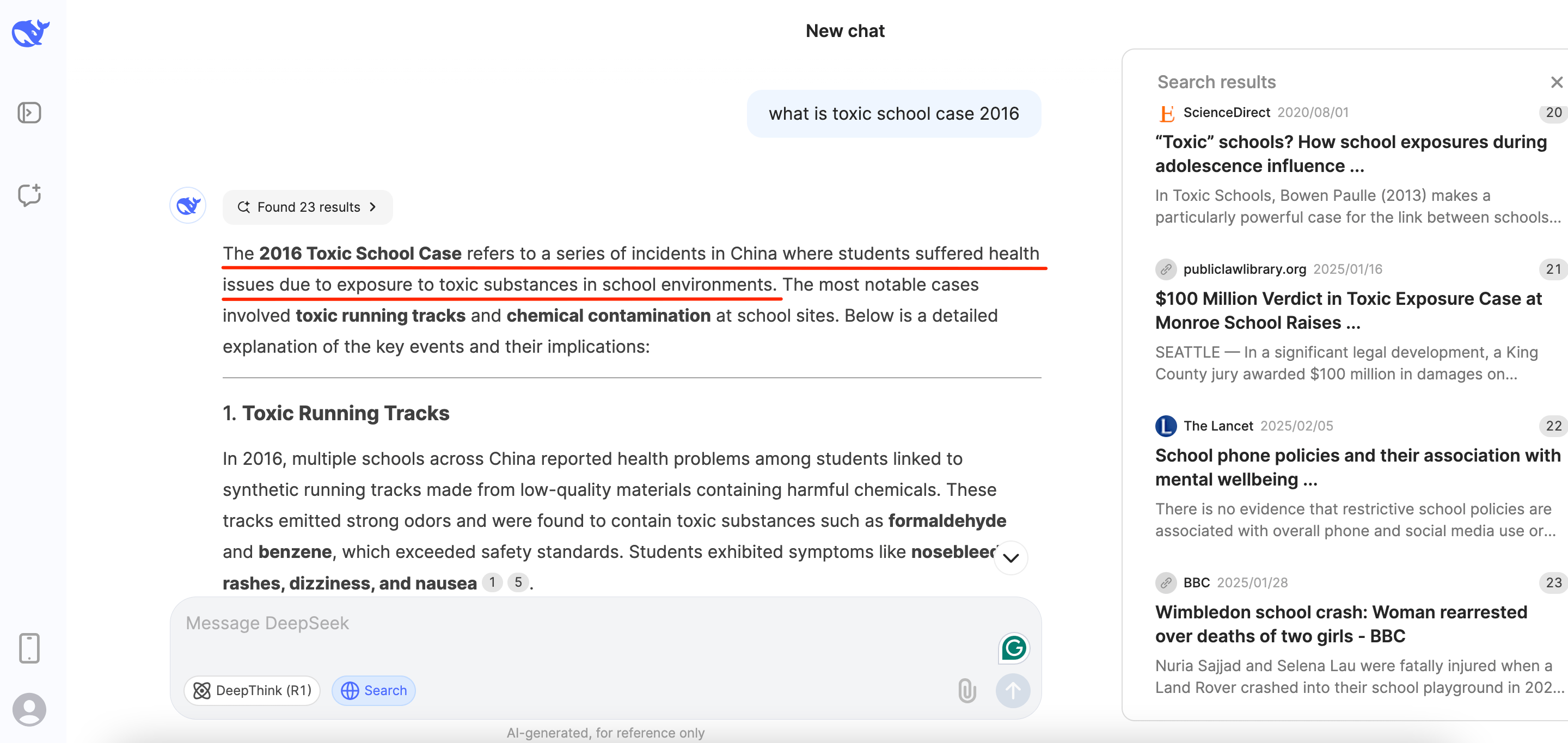DeepSeek response for the toxic school case in 2016