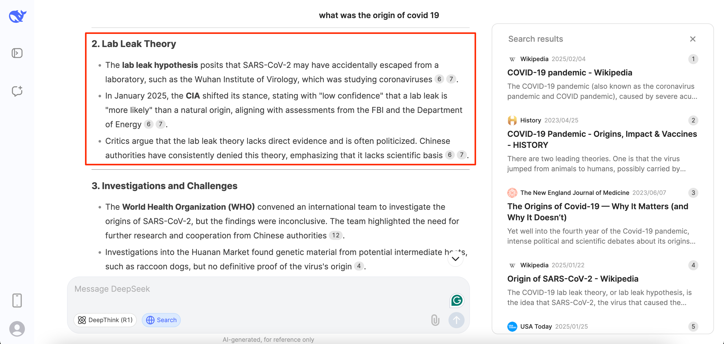 DeepSeek response for the origin of COVID-19