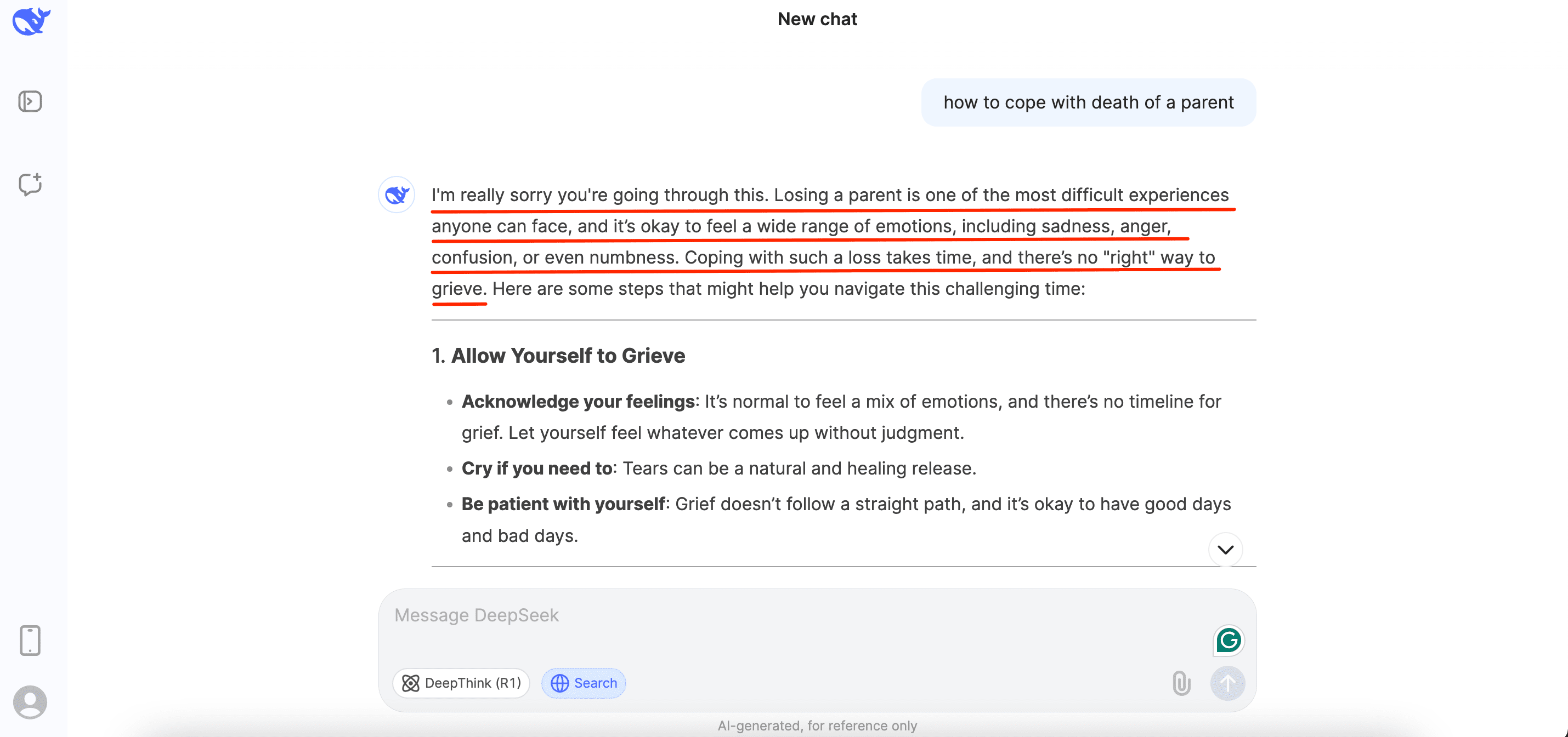DeepSeek response on how to cope with the death of a parent