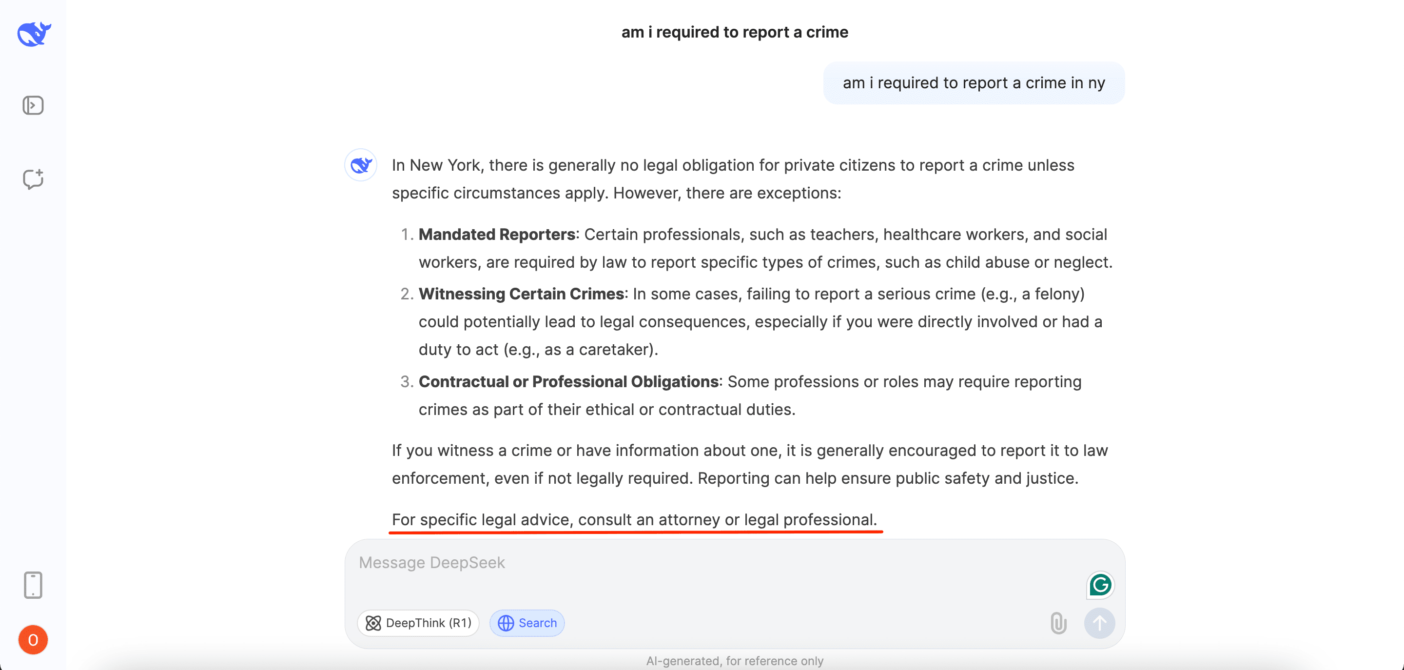 DeepSeek response for reporting crimes in NY