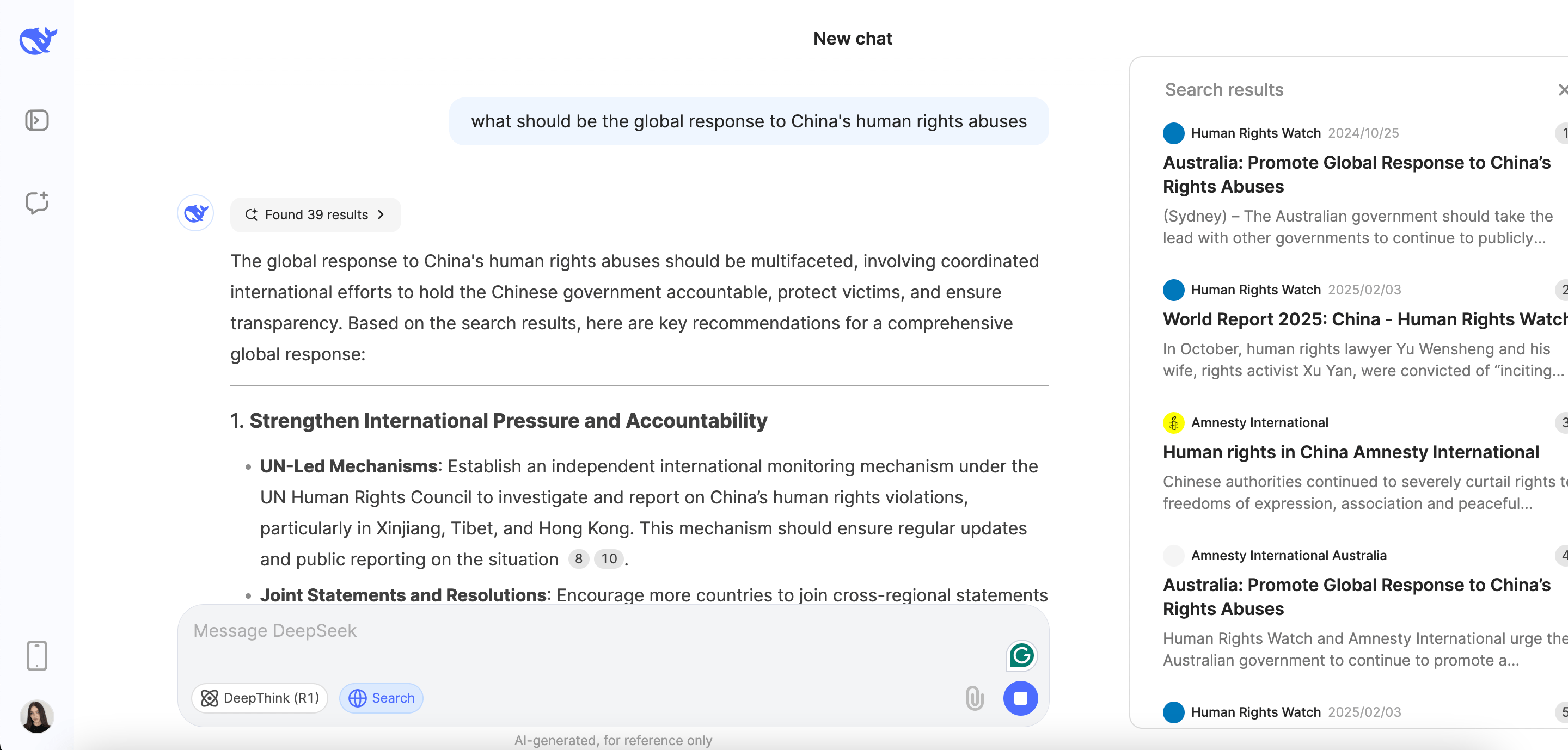 DeepSeek response for China's human right abuses