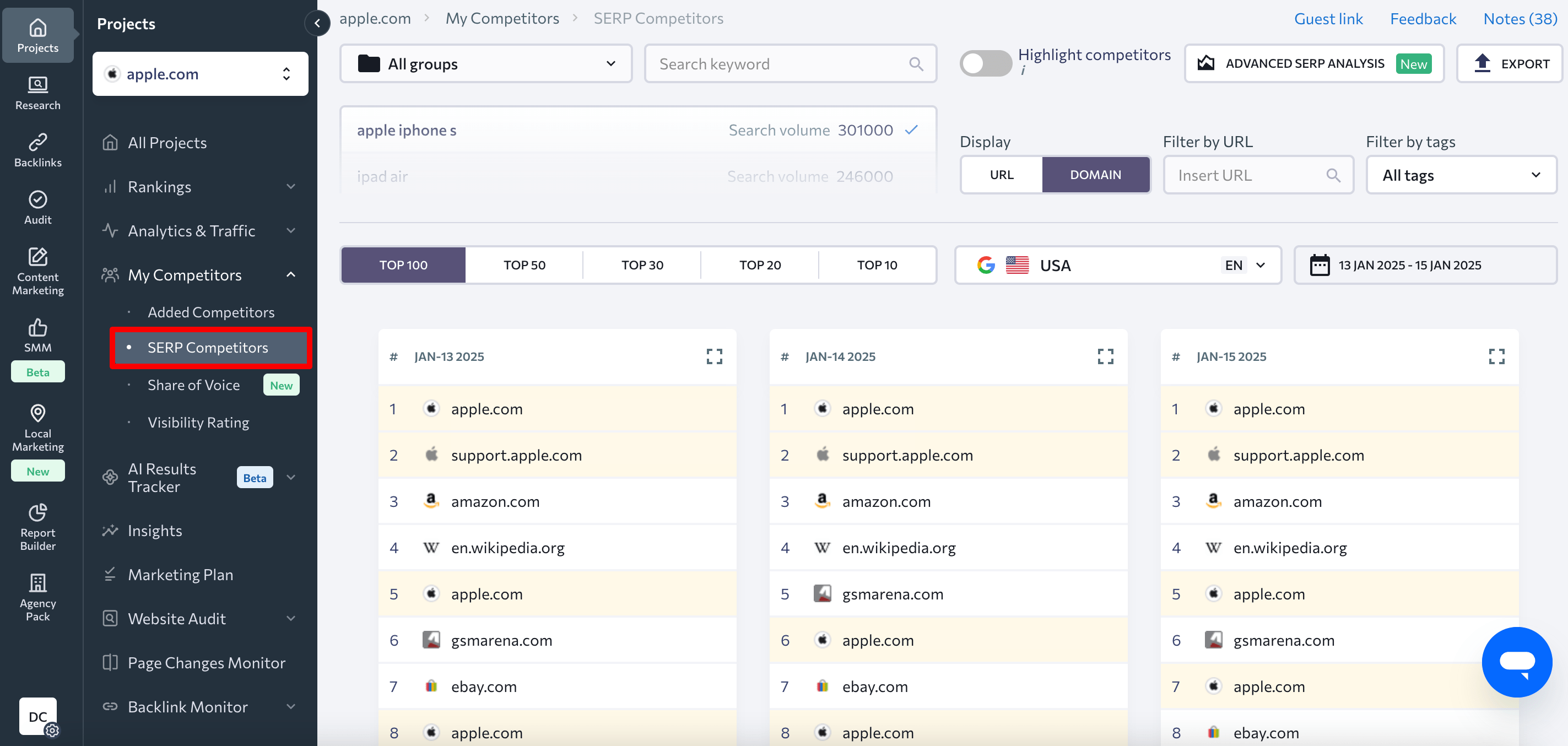 SERP Competitors feature in SE Ranking