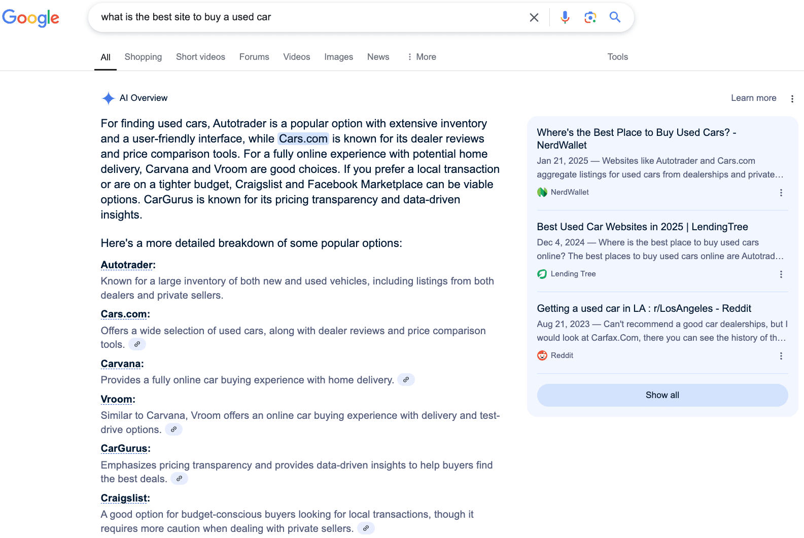 An example of AIOs showing self-referencing links to Google's search results