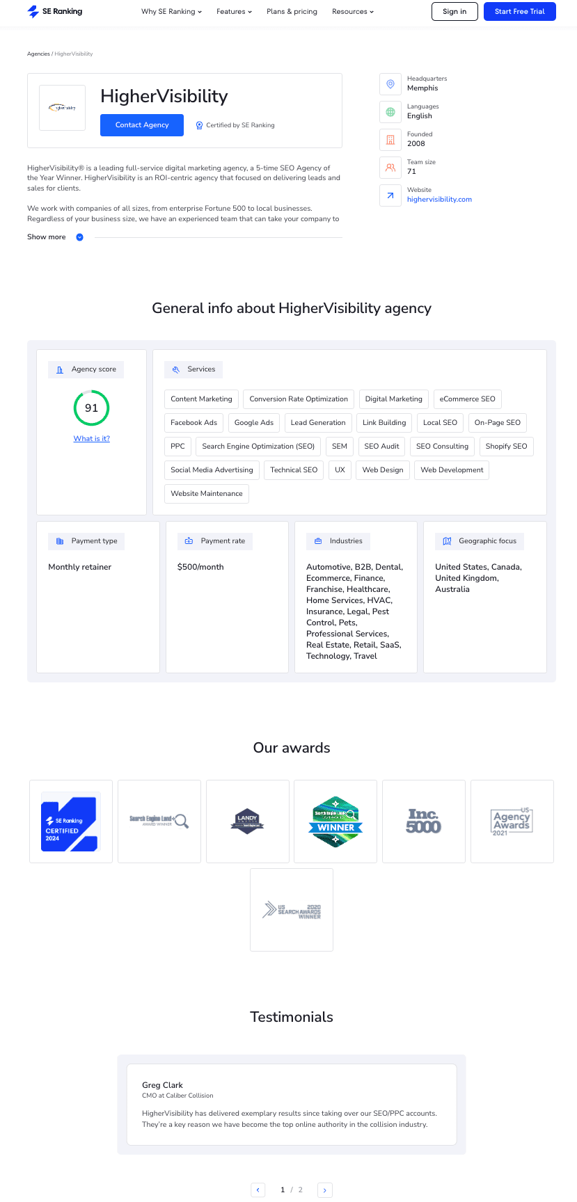 Landing pages for digital marketing agencies on SE Ranking's website