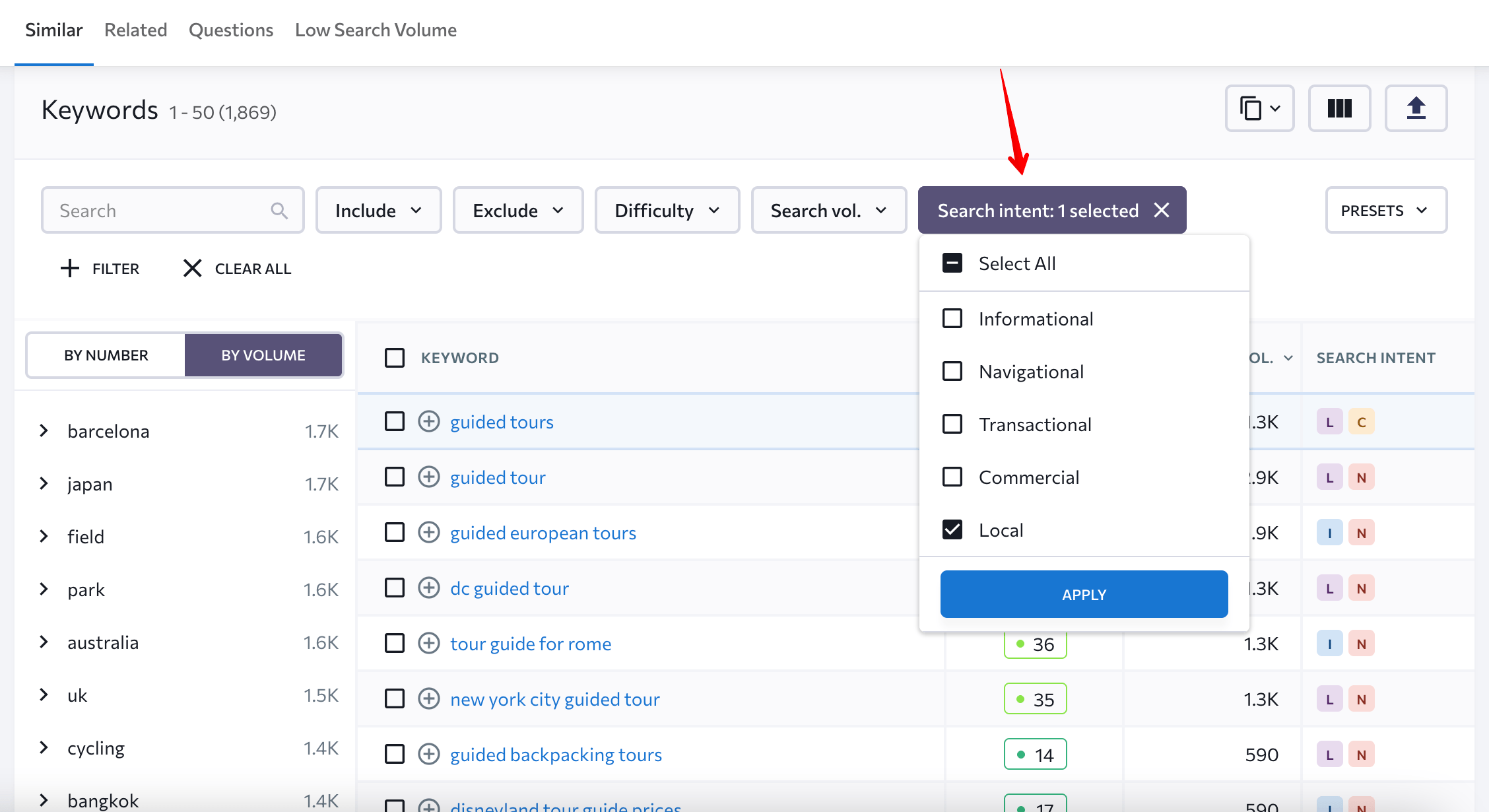 Filtering keywords by search intent in SE Ranking