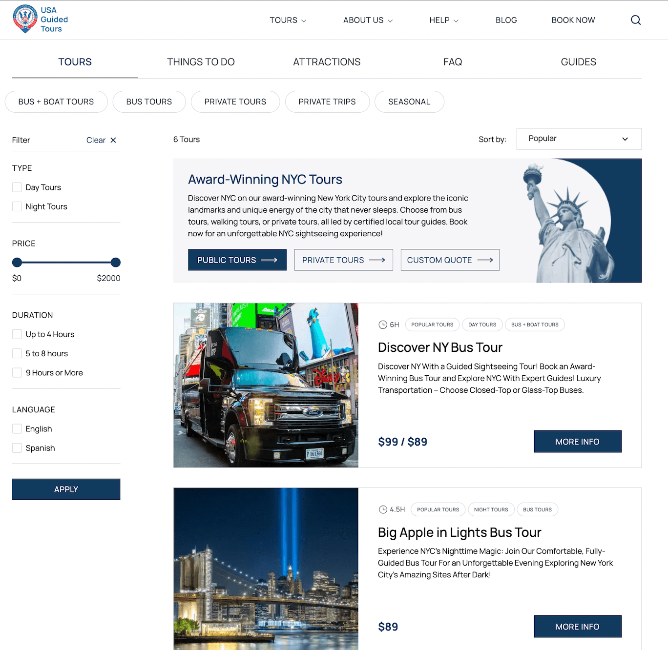 Website featuring tour cards