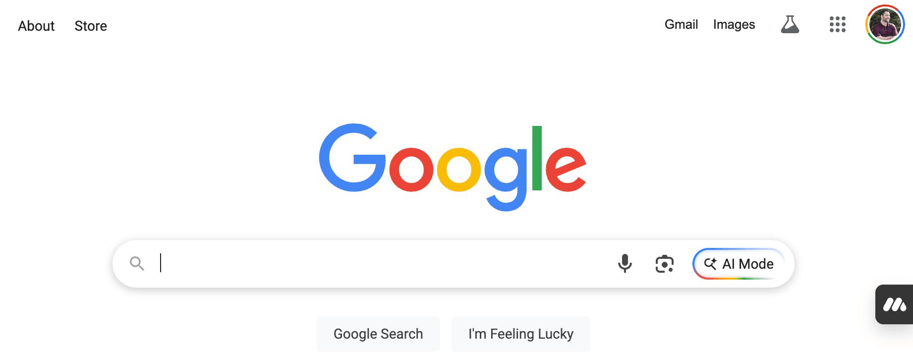 Google homepage with AI Mode icon built into the main search bar.