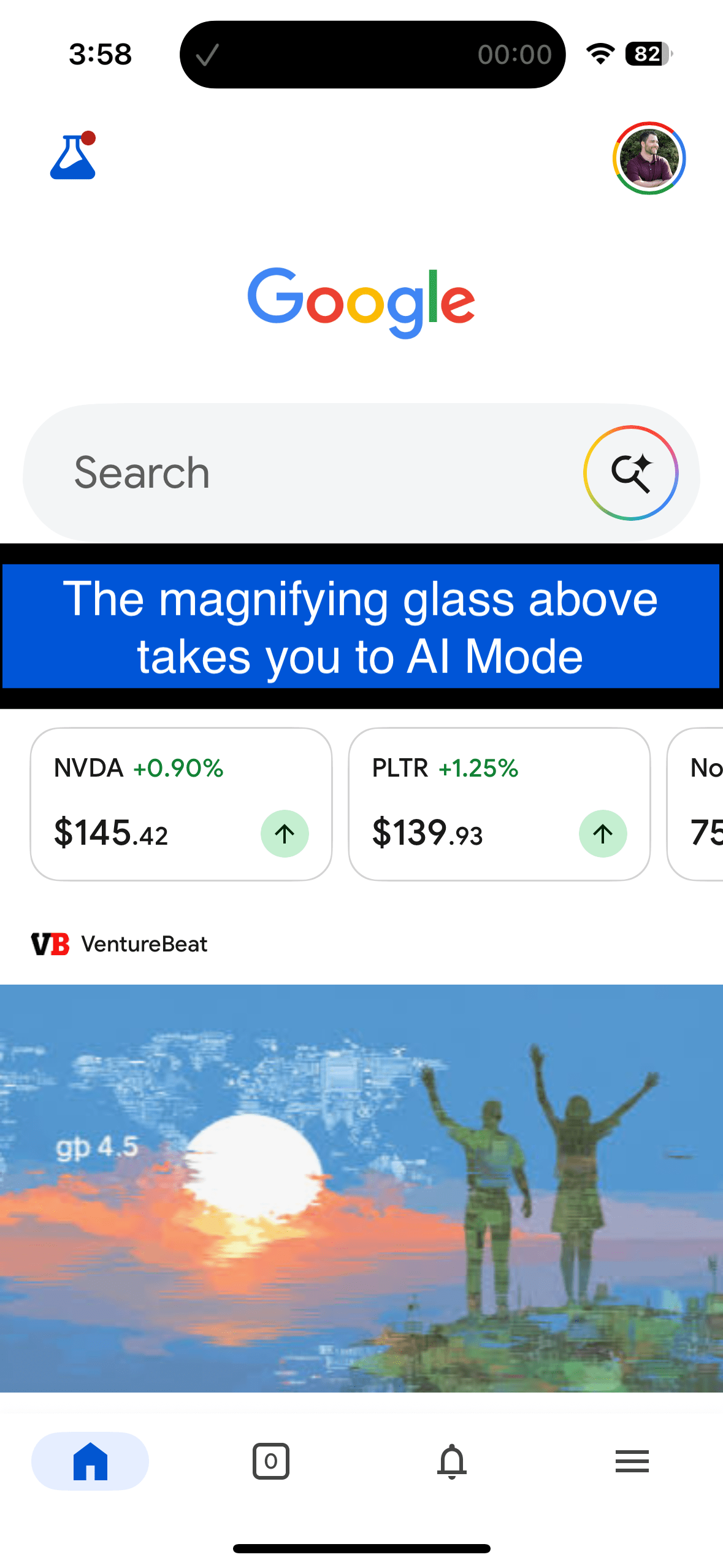 Mobile Google homepage with AI Mode button replacing the classic search icon.