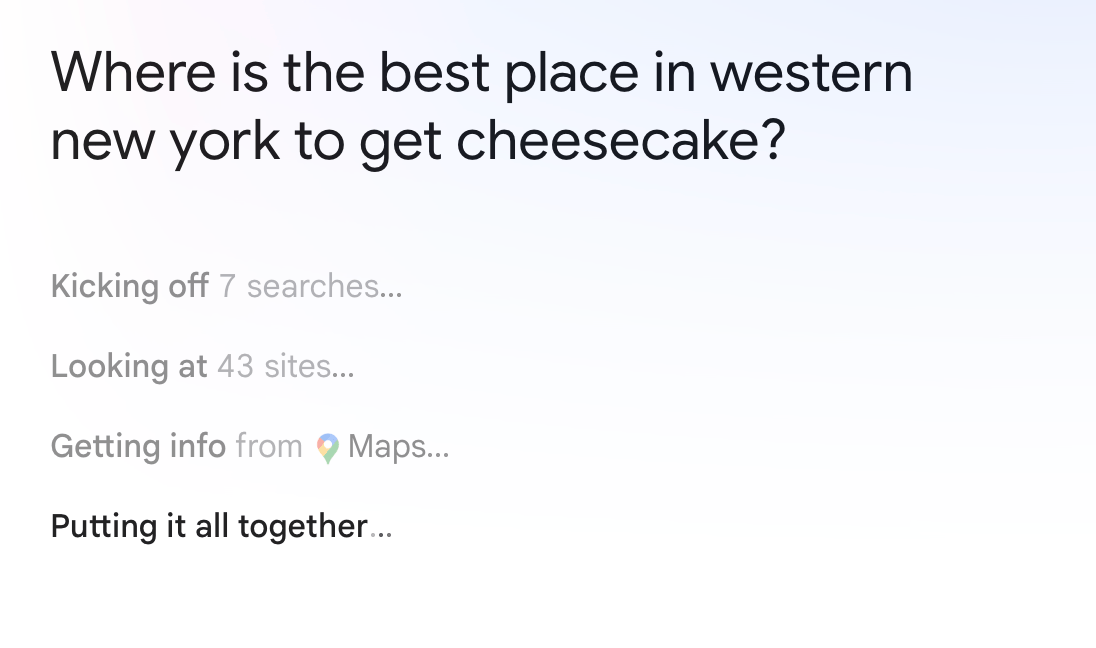 Google AI Mode compiles answers about the best cheesecake in Western New York from multiple sources.