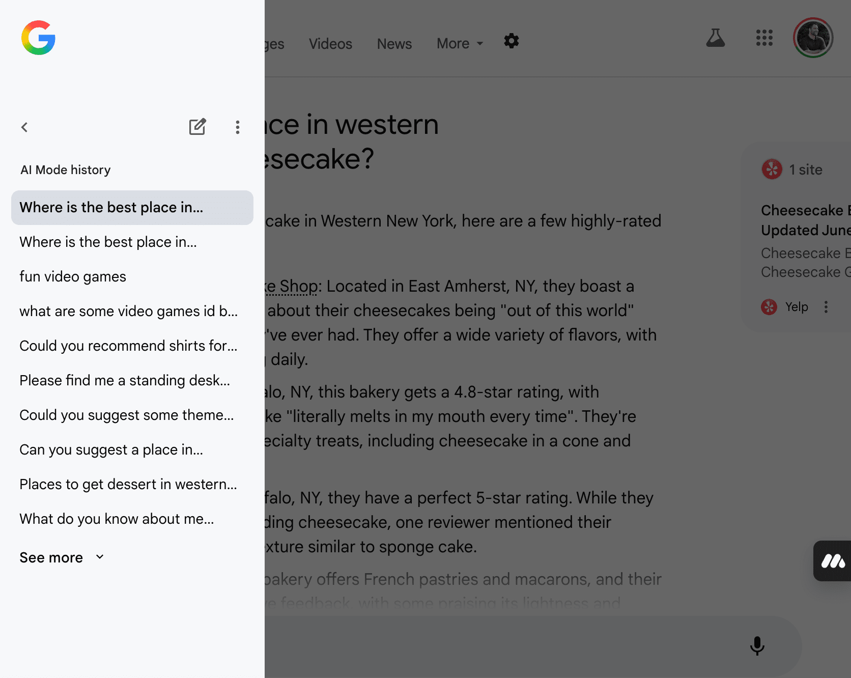 Desktop view of AI Mode showing a history of recent conversational search threads.