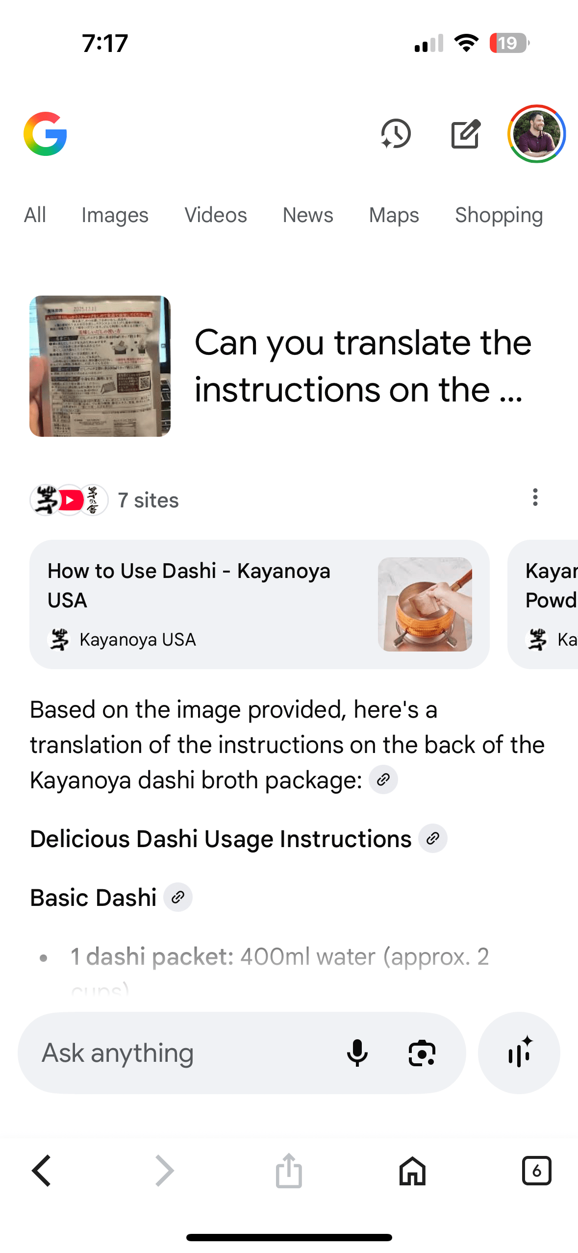 AI Mode translates Japanese food packaging and summarizes the instructions.
