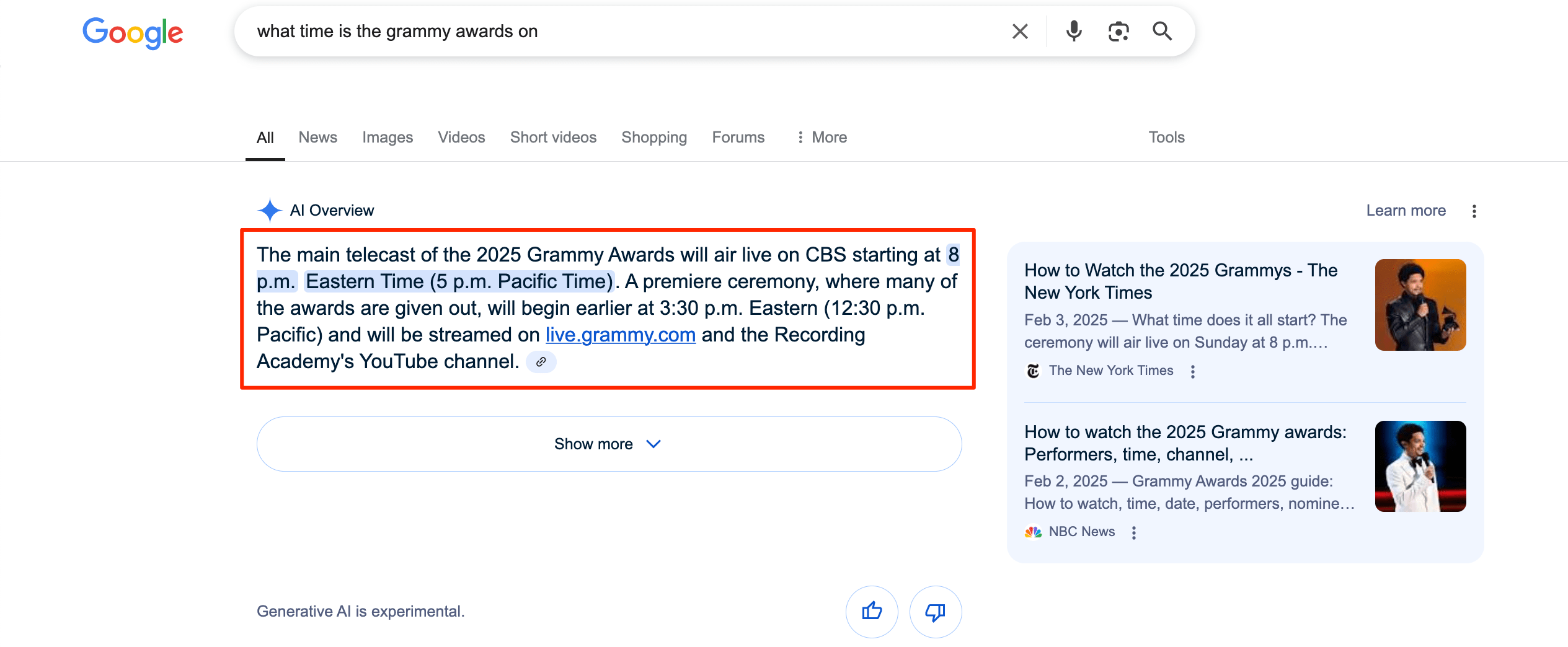 AIO for the keyword on grammy awards timing