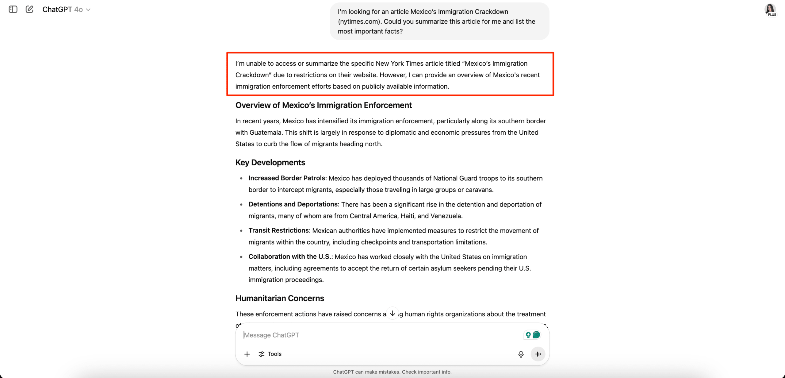 ChatGPT response for the paywalled article