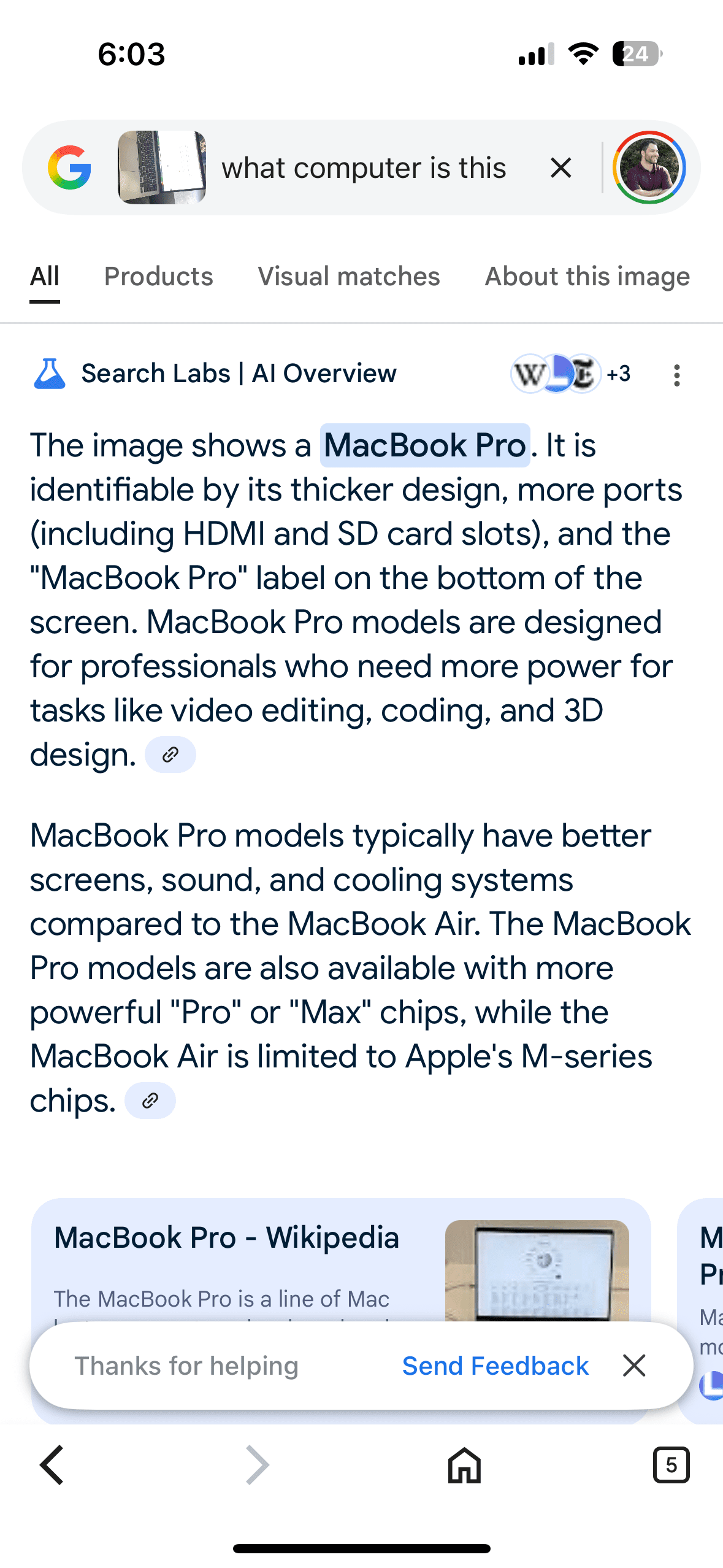 AI Overview identifies the laptop as a MacBook Pro and explains its features.
