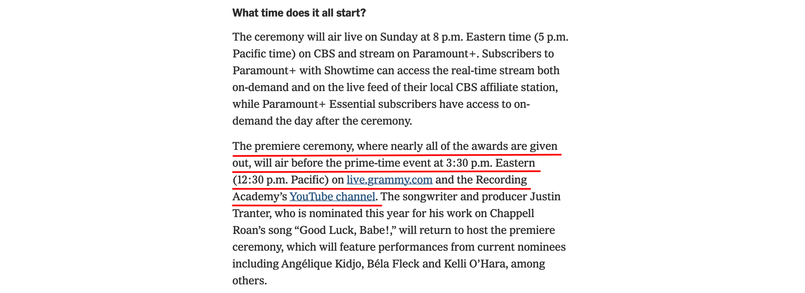 NYT on grammy awards timing