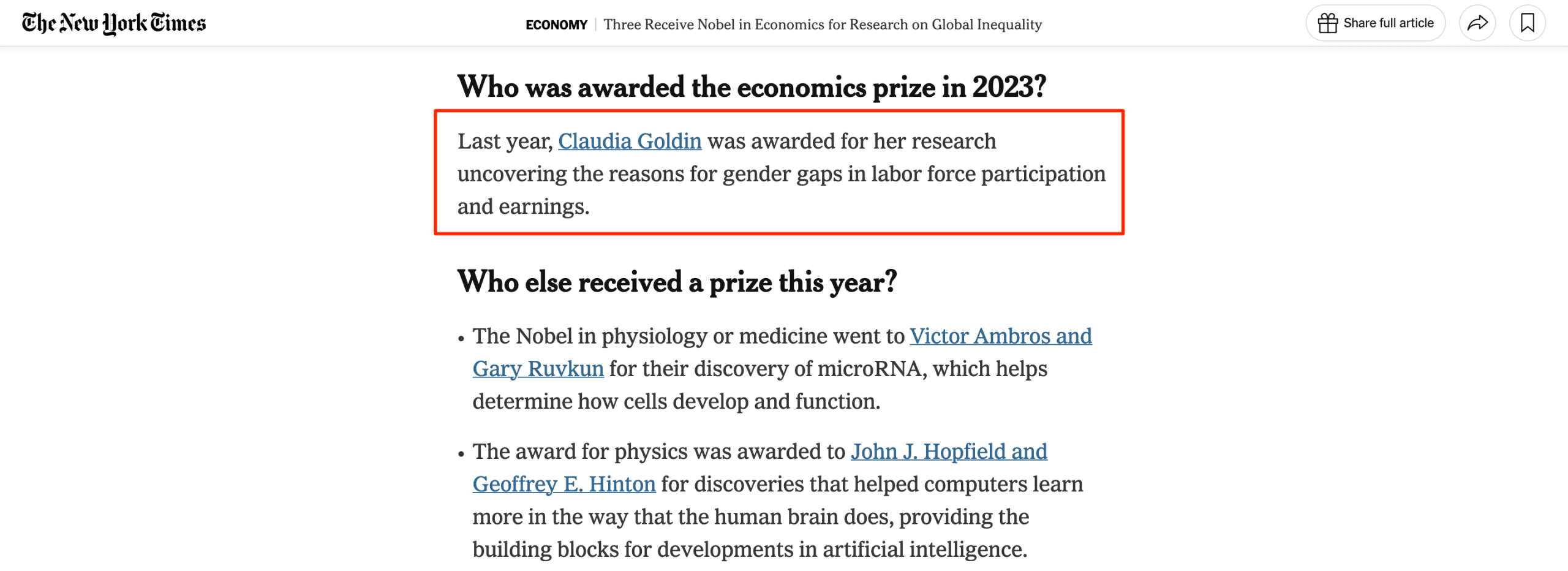 NYT article on nobel prize winners