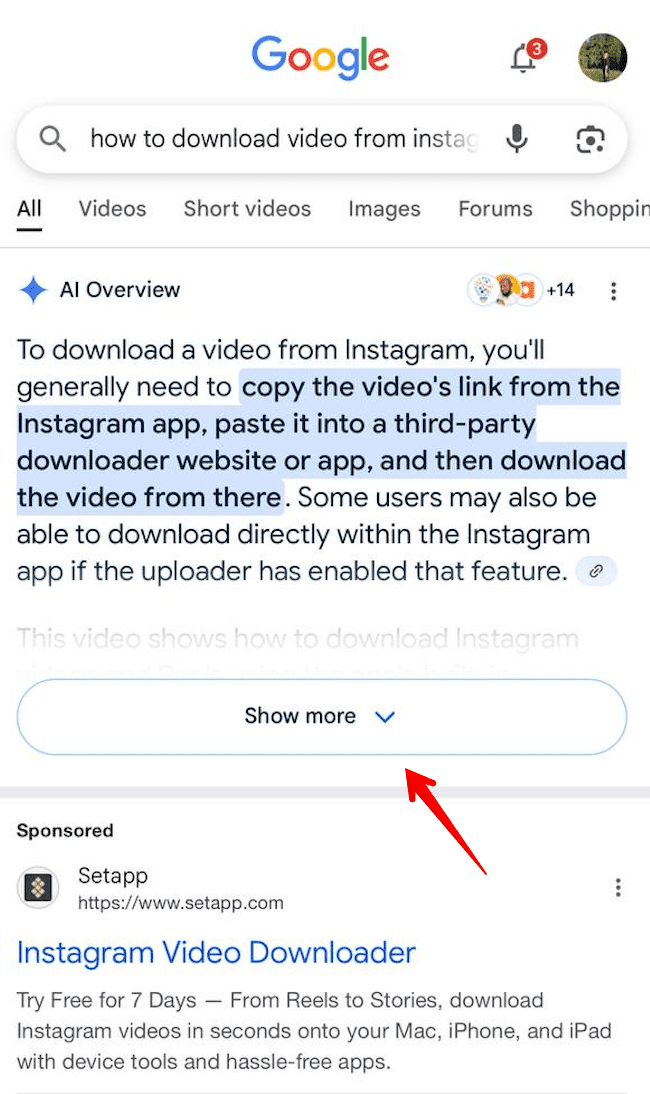 Show more button in AI Overviews (mobile version)