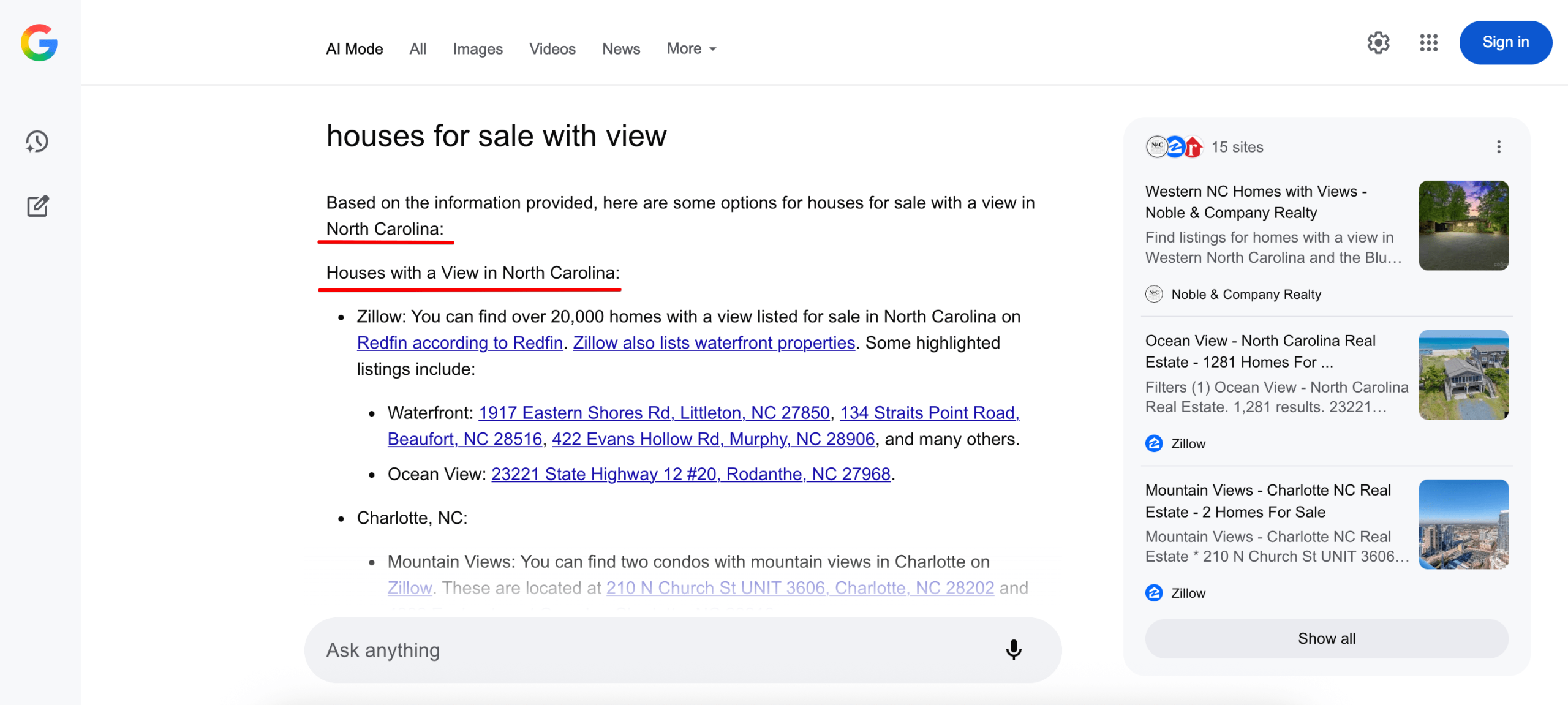 Example of AI Mode location specific answer for North Carolina