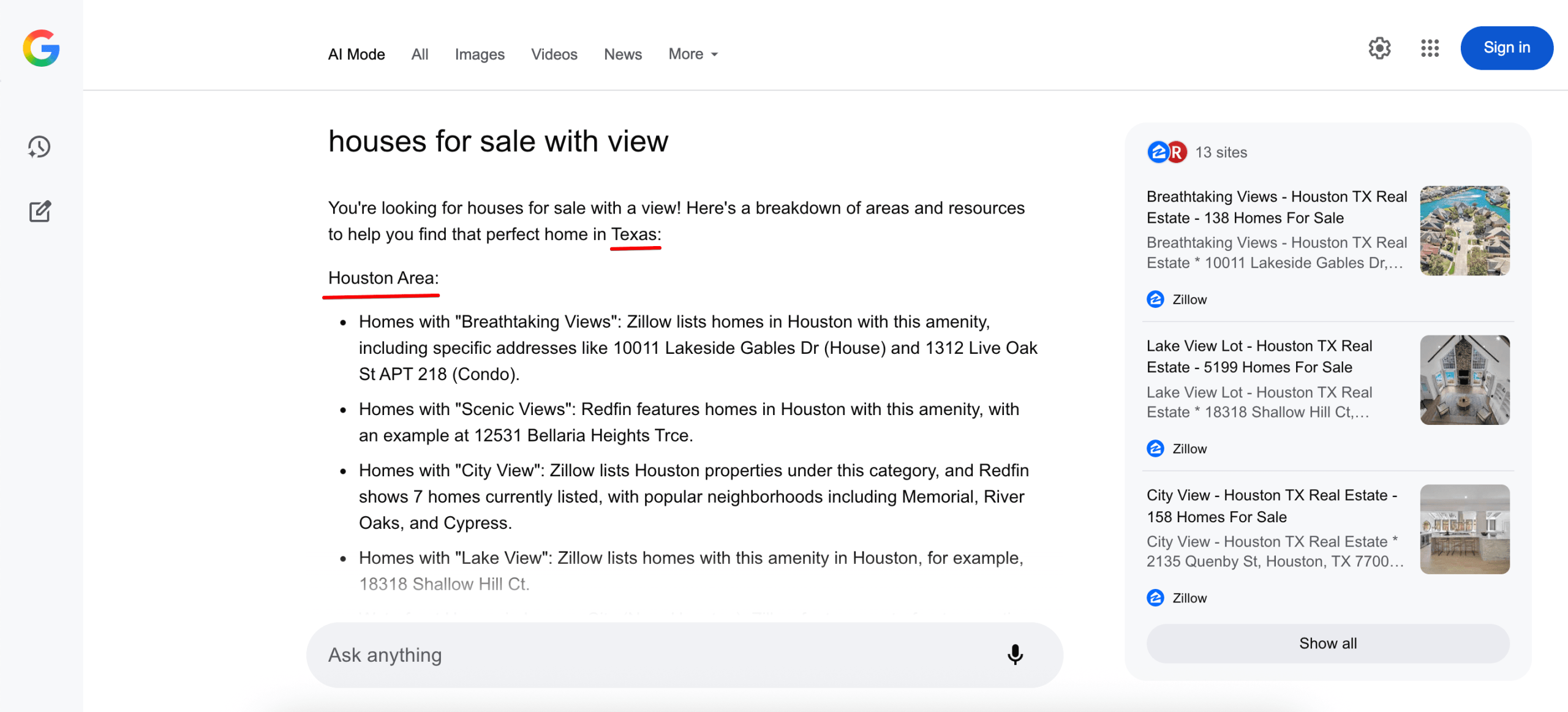 Example of AI Mode location specific answer for Texas