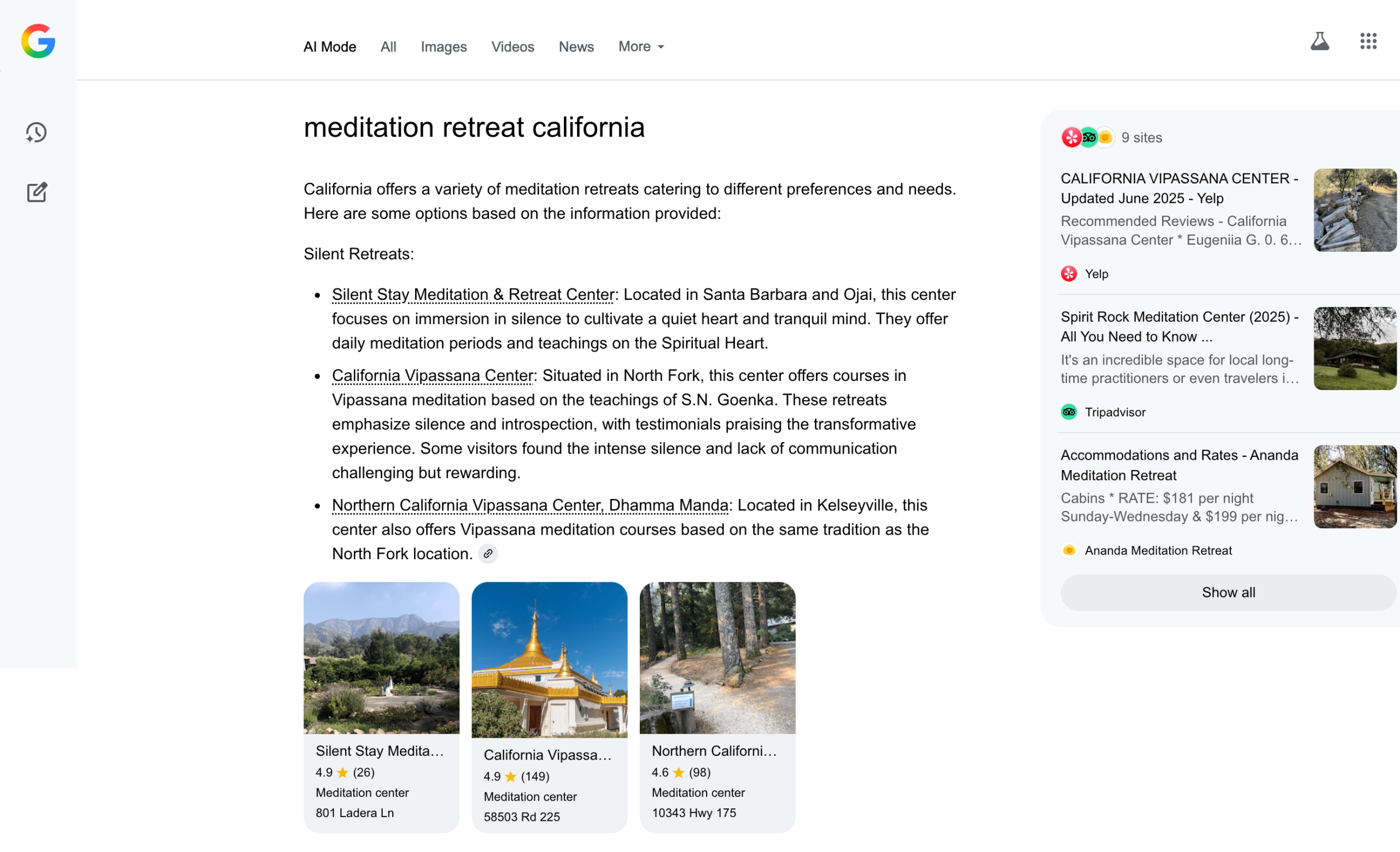Example of AI Mode linking to business profile