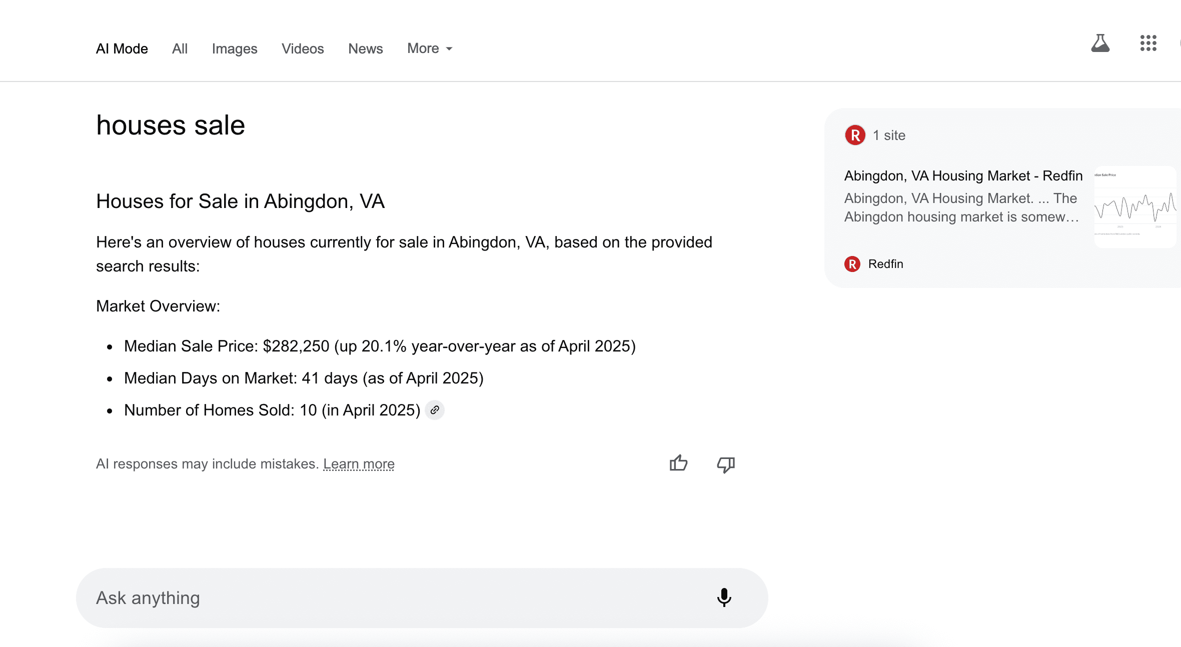 Example of one link in AI Mode answer