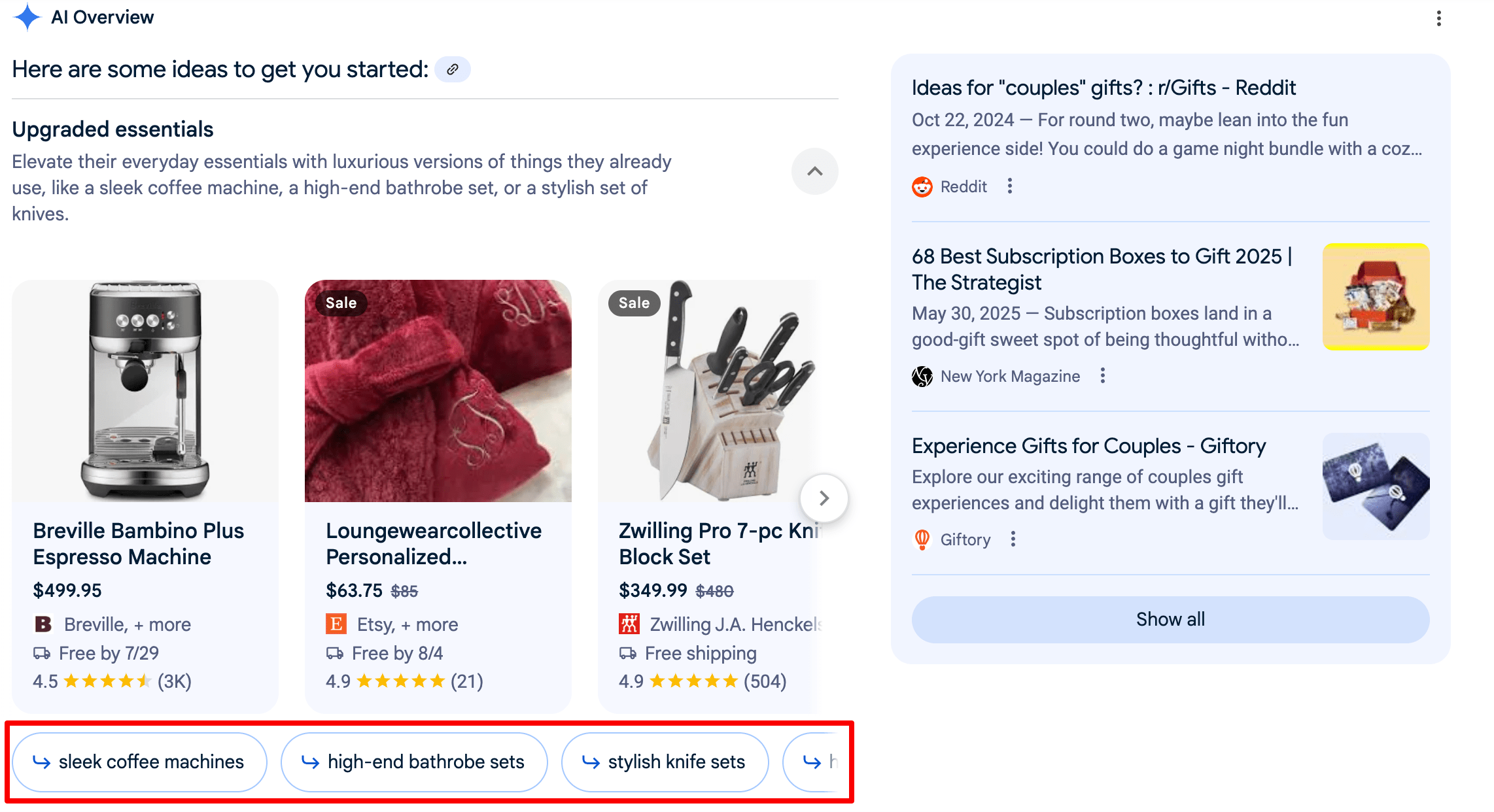 Search suggestions below the shopping carousel