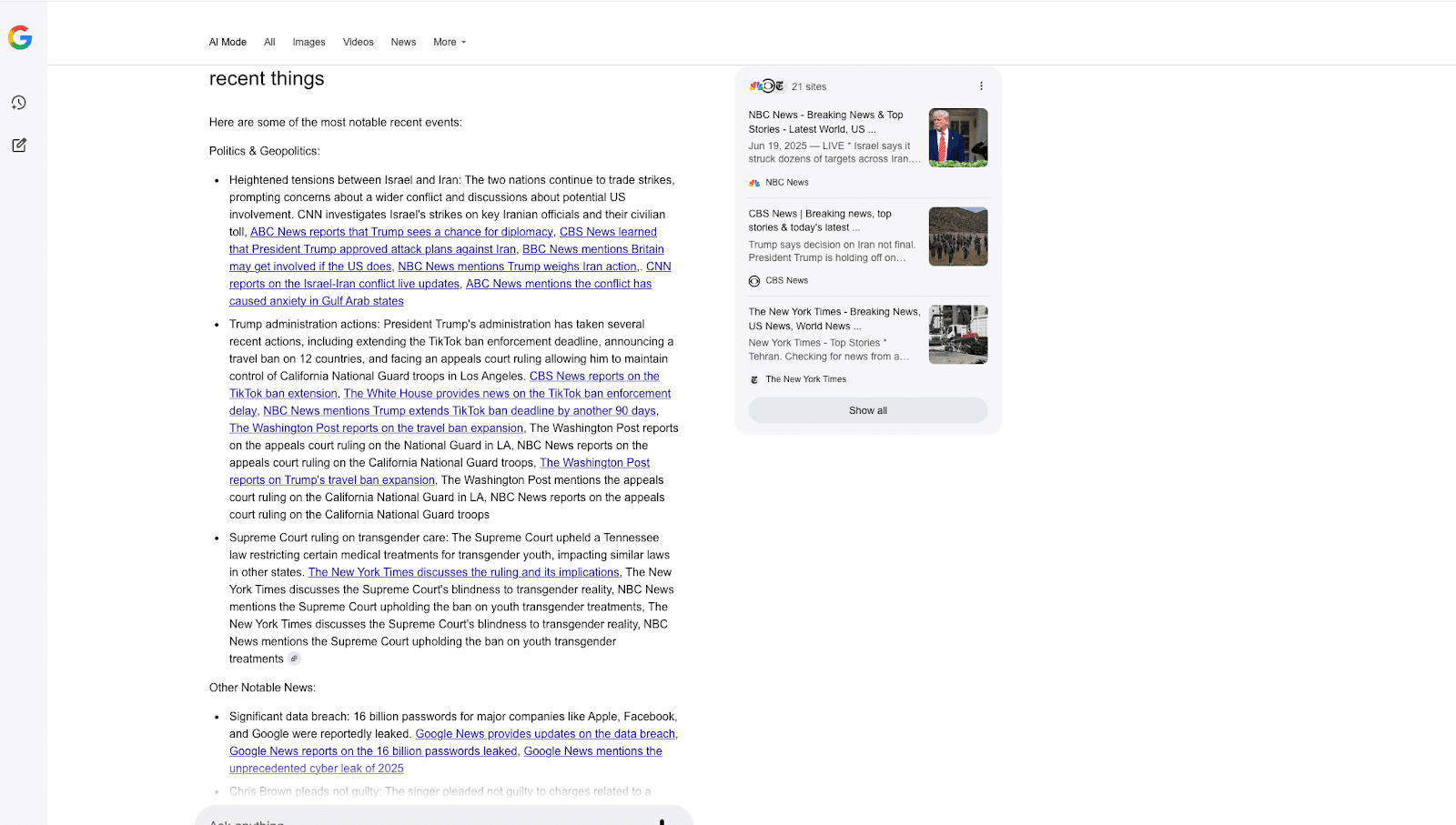 AI Mode answer with a large number of links