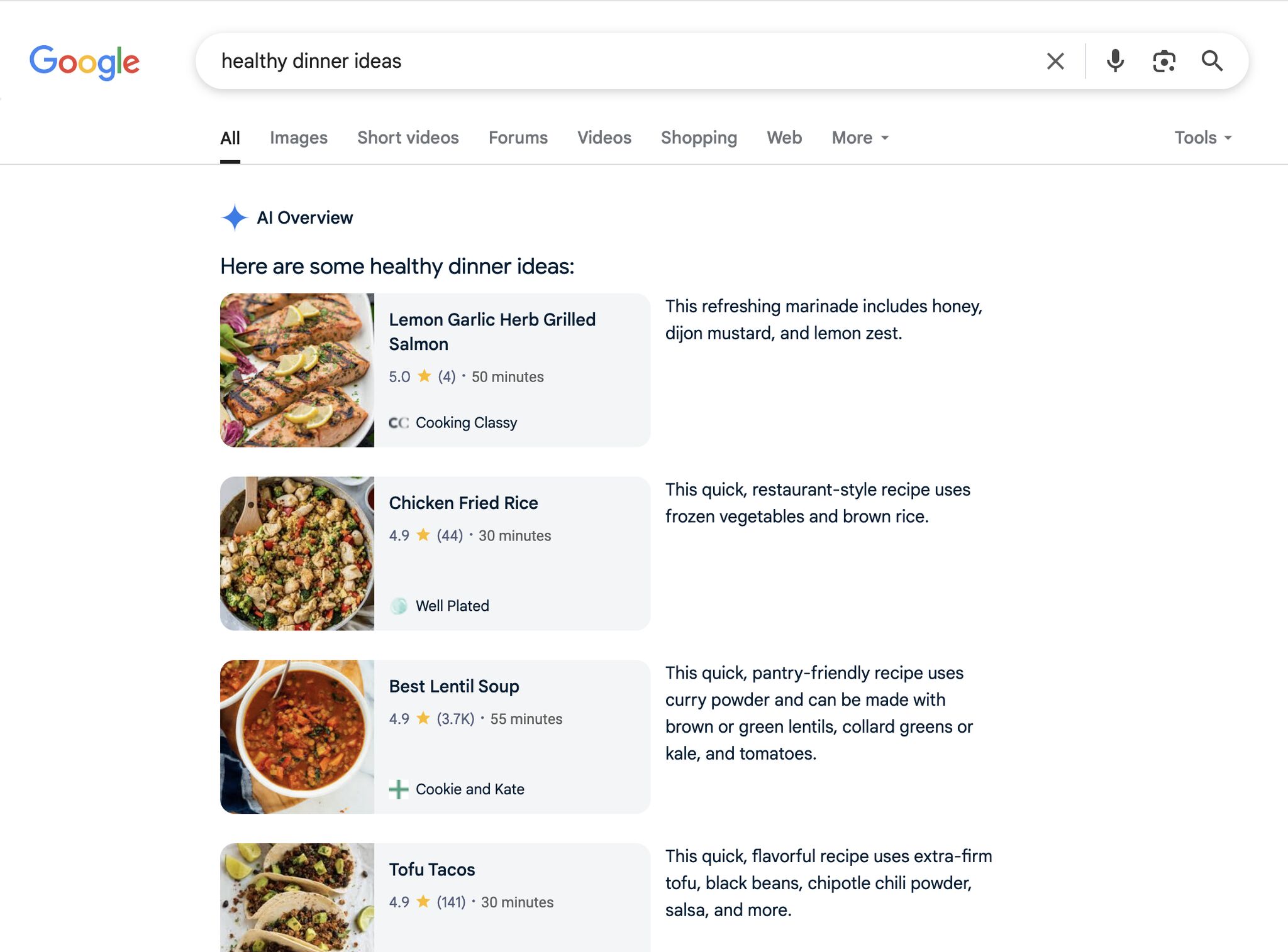 Recipes in Google's AI Overviews
