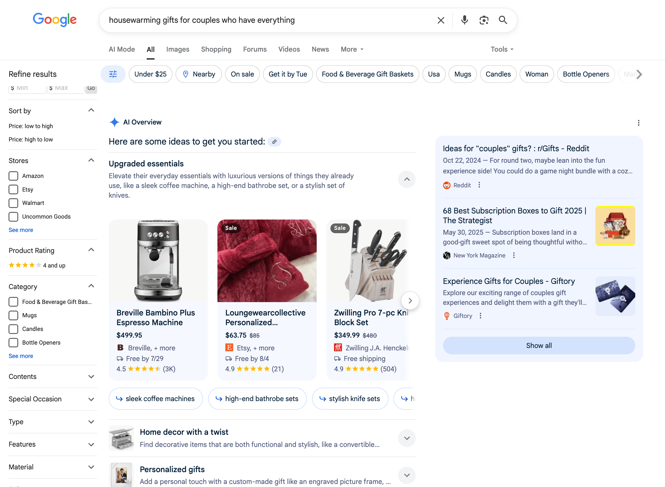 AI response that includes product carousels