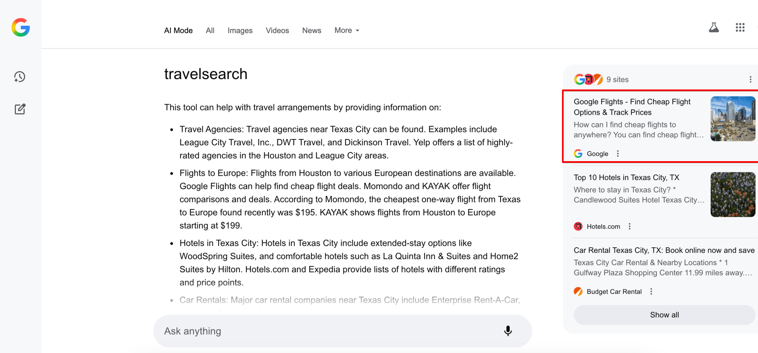 Google travel link in AI Modee