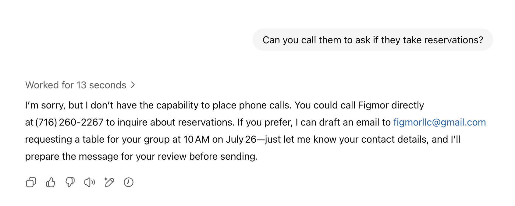 User asks ChatGPT agent to call Figmor to ask about reservations