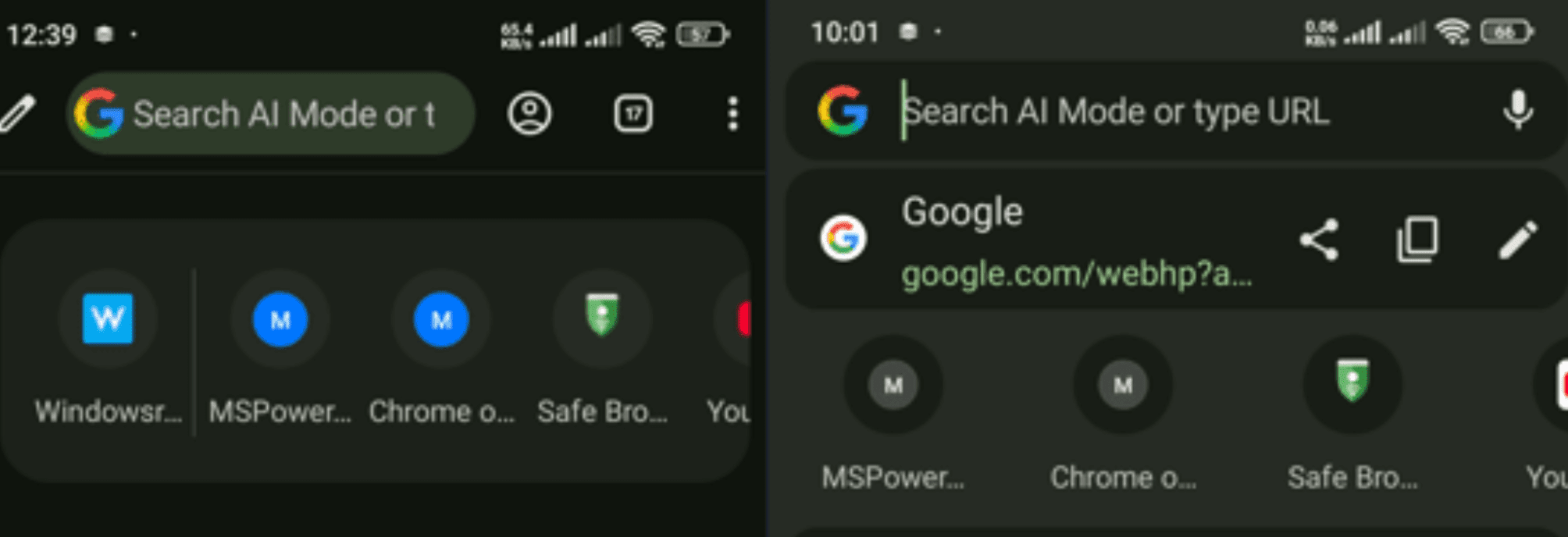 AI Mode option in Chrome address bar on mobile