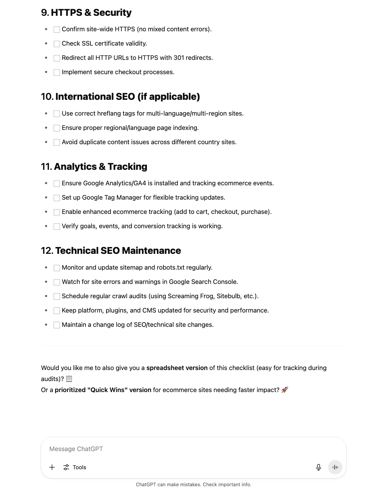 Checklist for technical SEO audit in ChatGPT