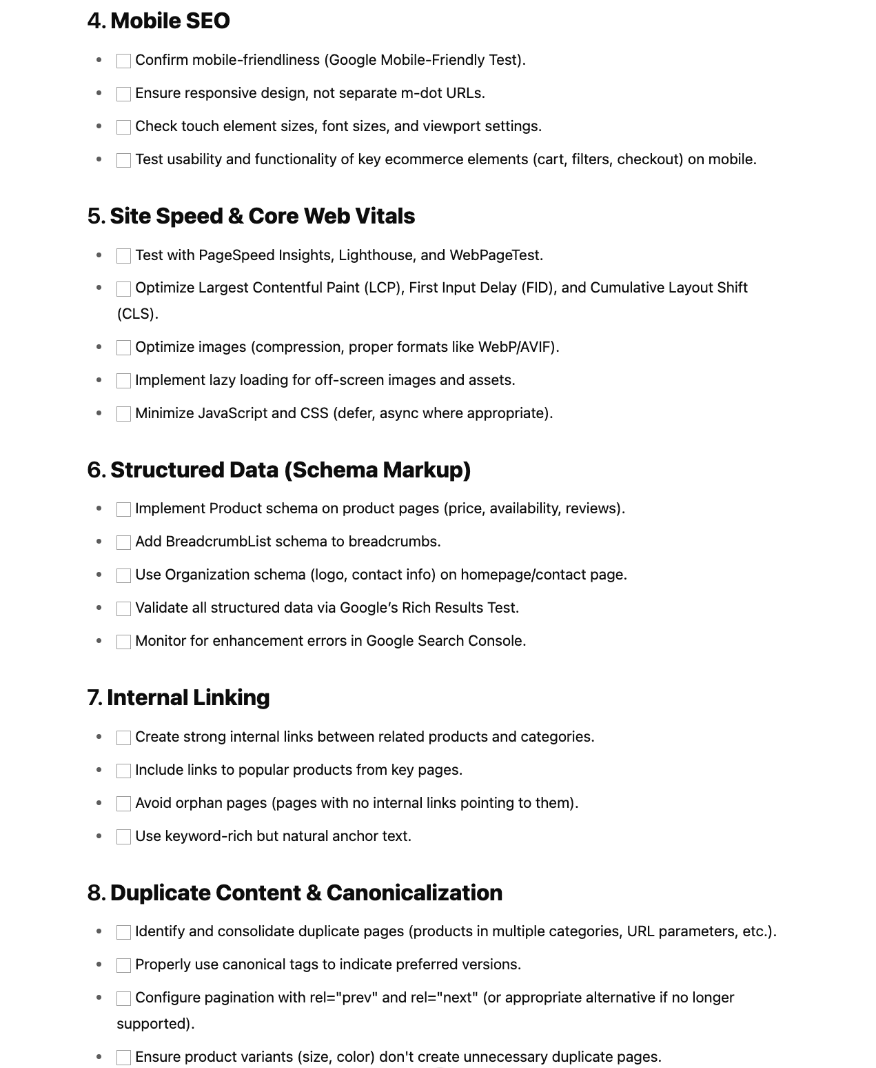 Checklist for technical SEO audit of ecommerce site in ChatGPT