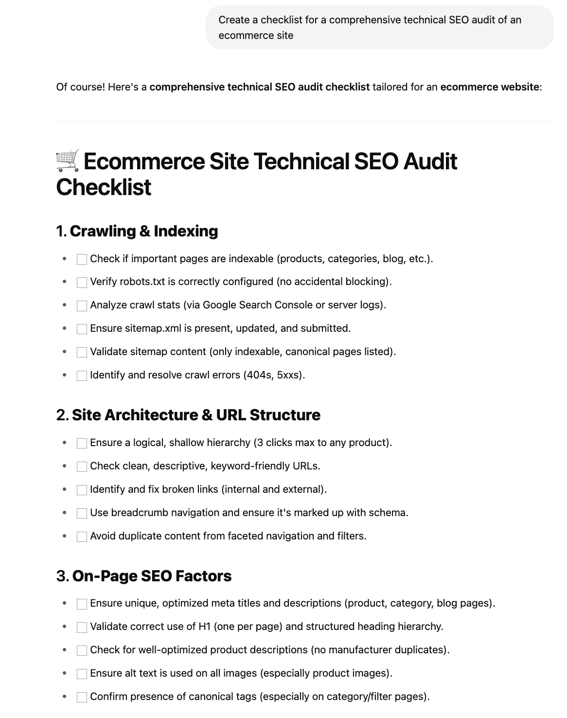 Creating a checklist for a technical SEO audit in ChatGPT