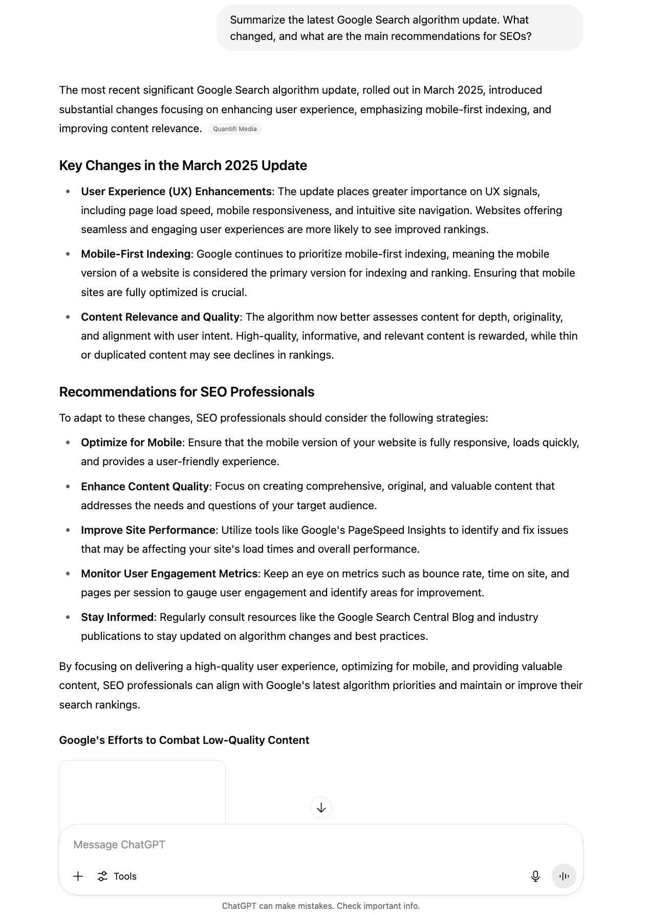Summarizing the latest Google Search algorithm update in ChatGPT
