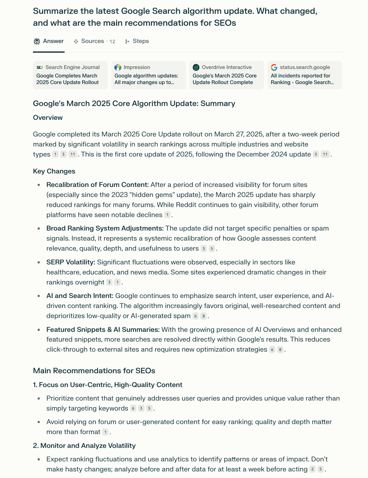 Summarizing the latest Google Search algorithm update in Perplexity AI