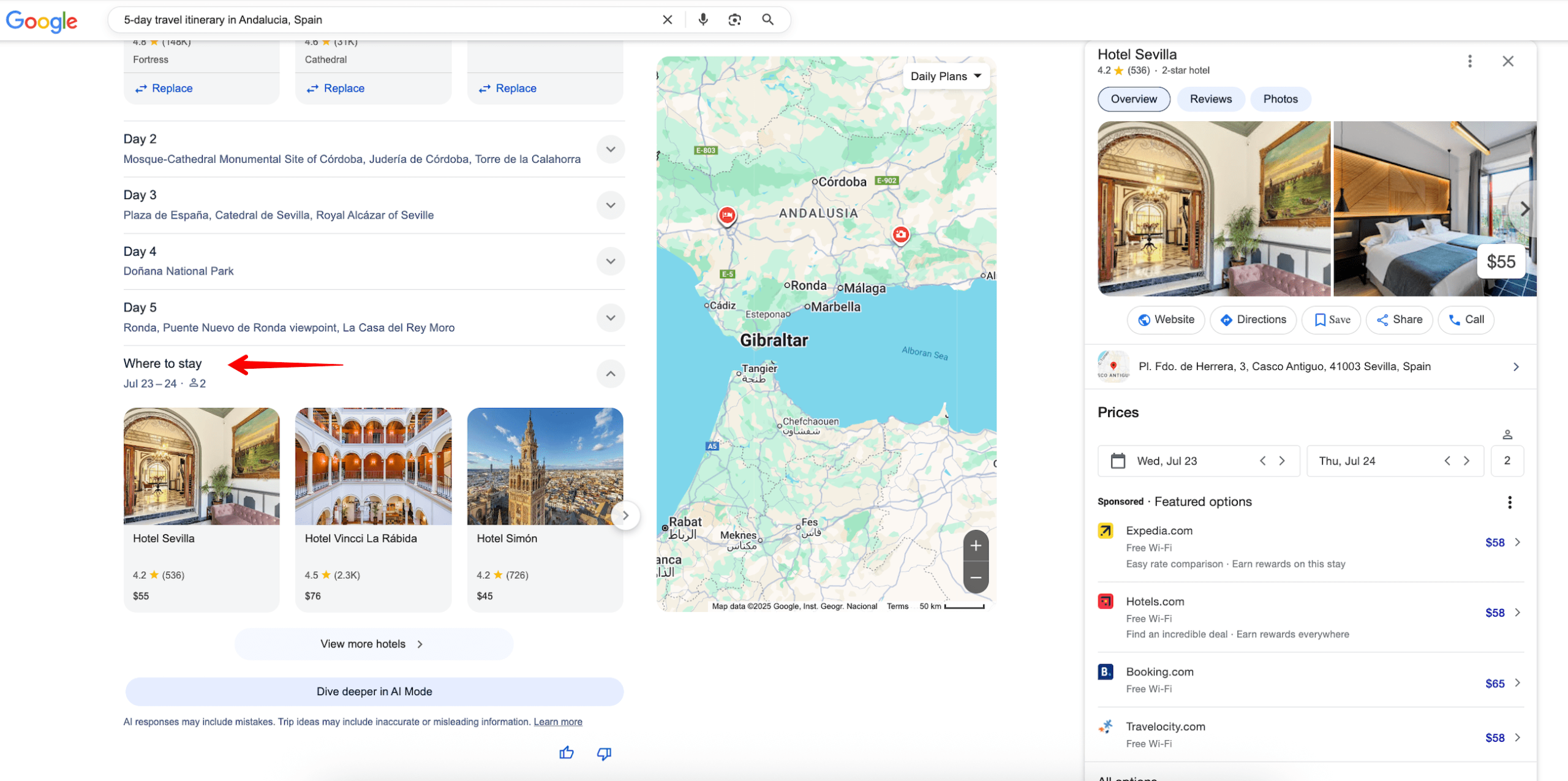 Hotels options in AI Overviews