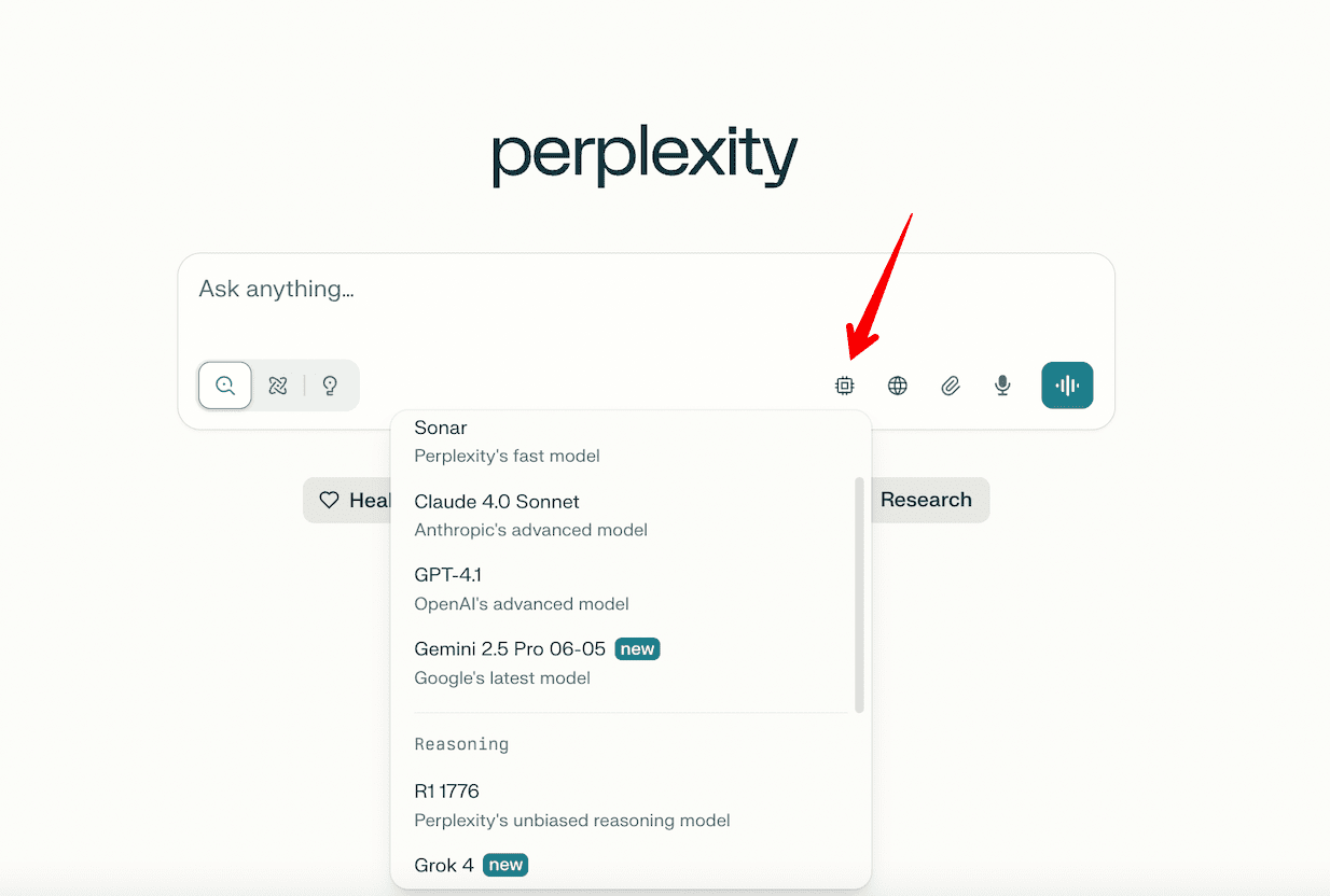 Available language models in Perplexity