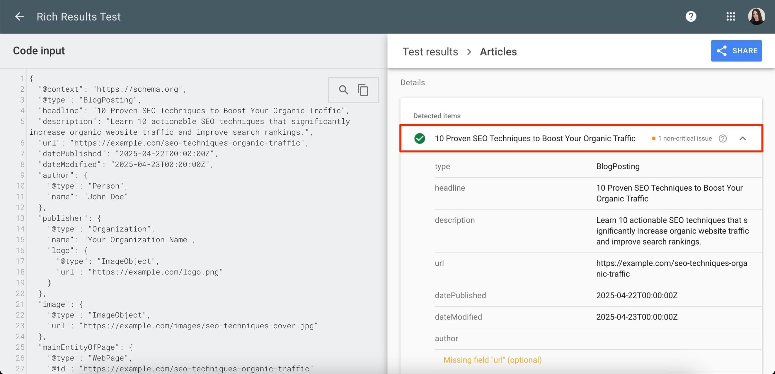 Rich Results Test of Schema.org structured data by Claude