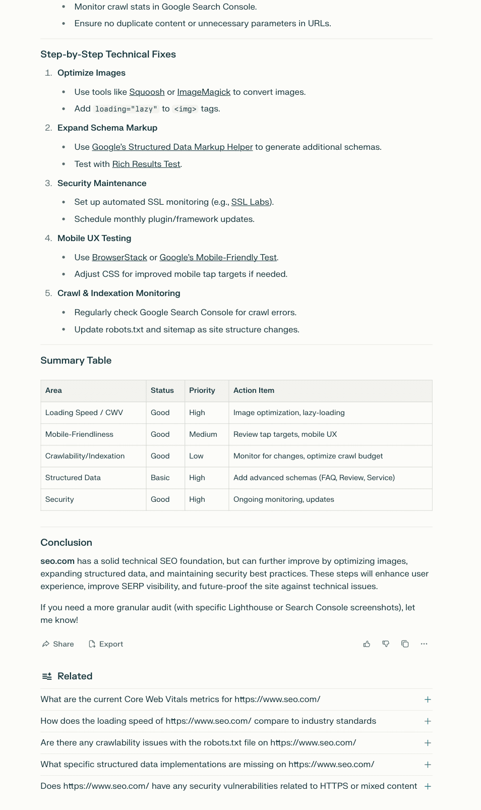 Technical SEO audit in Perplexity AI