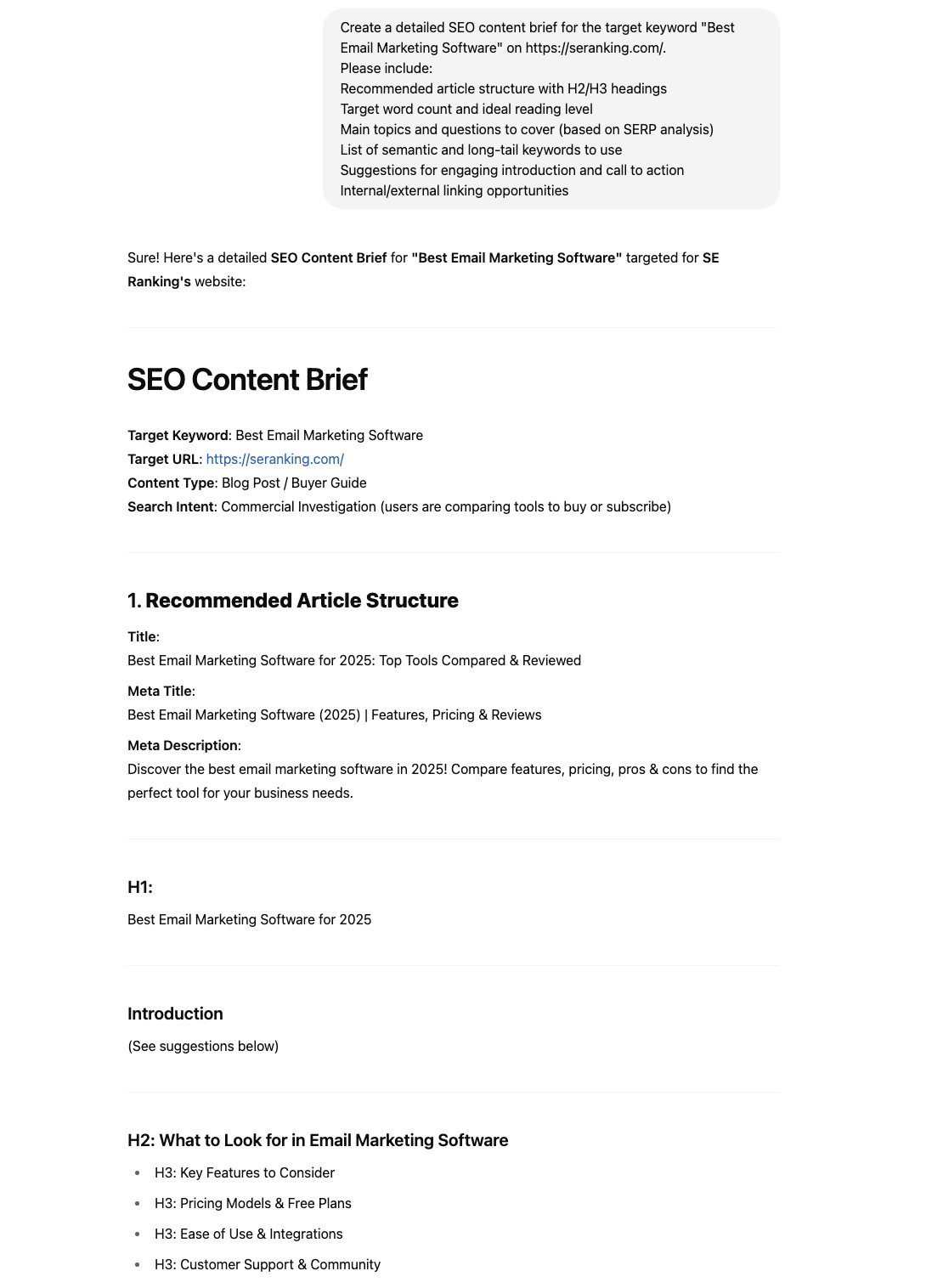 Creating SEO brief in ChatGPT