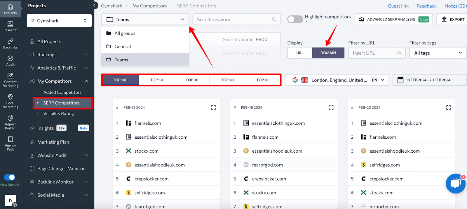 SERP Competitors feature in SE Ranking
