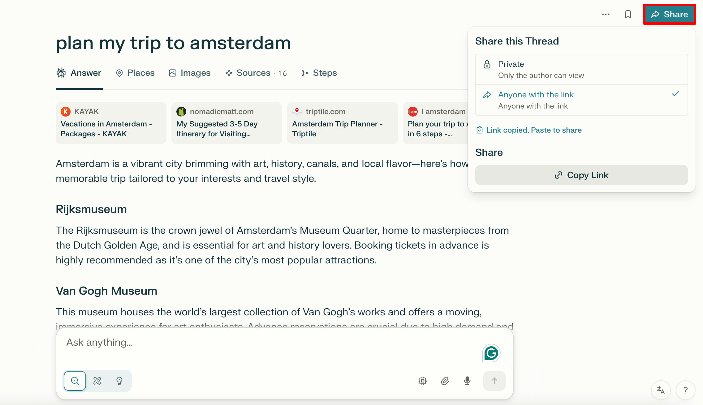All your threads can be shared with team members and other Perplexity AI users